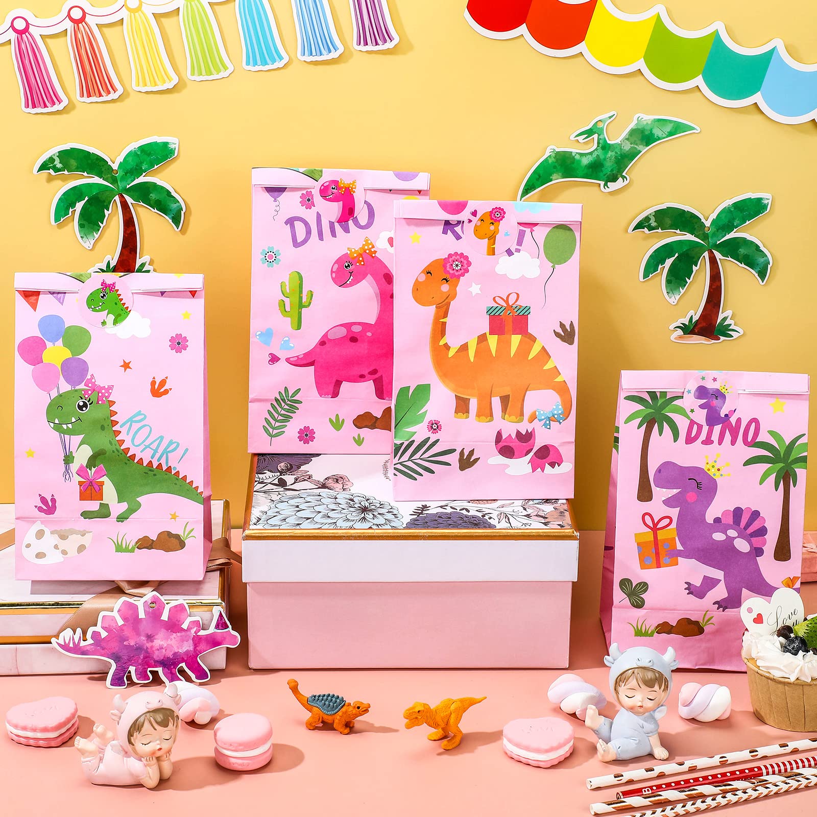 24 Pieces Dinosaur Party Bags Dino Candy Favor Bags With Stickers Pink Goodie Treat Gift Bags For Kids Girls Dinosaur Birthday P