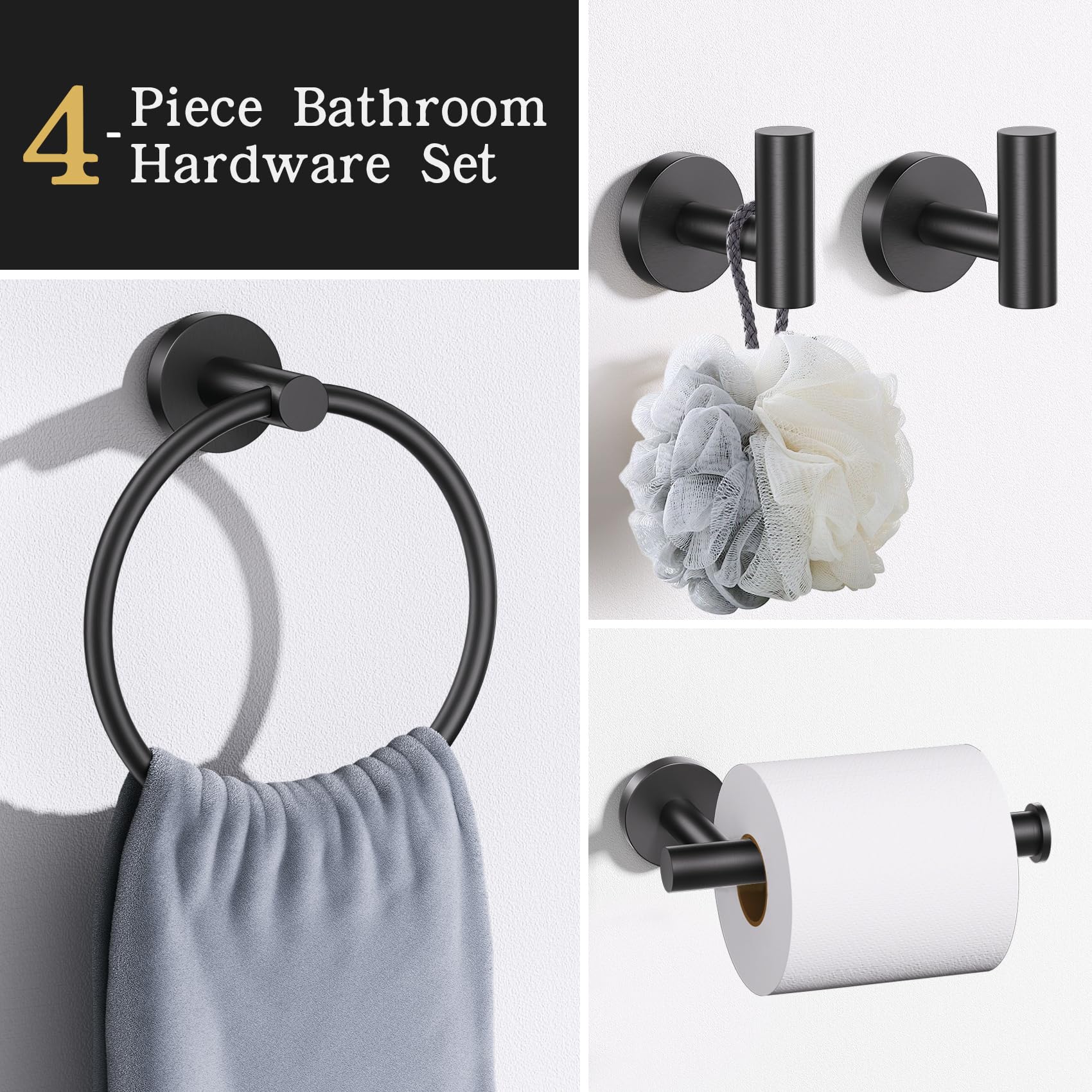 Lairuier Bathroom Hardware Set  4-Piece Towel Bar Set Include Toilet Paper Holder Towel Ring and 2 Towel Hooks Stainless Steel Wall Mounted Bathroom Hardware Accessories Set (Matte Black)