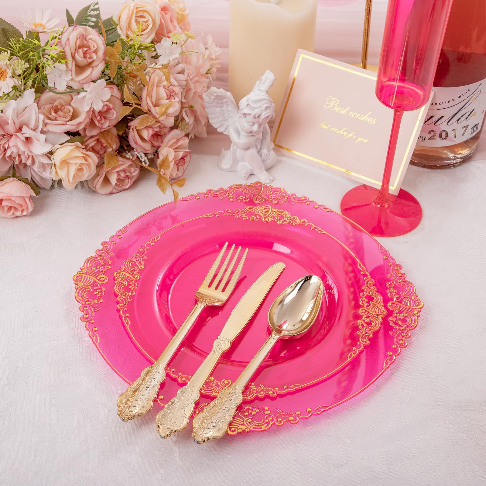 Joyido 102Pcs Hot Pink Plastic Plates - Pink Disposable Plates With Gold Rim - Hot Pink Party Plates Include 51Pcs 7.5Inch Desse