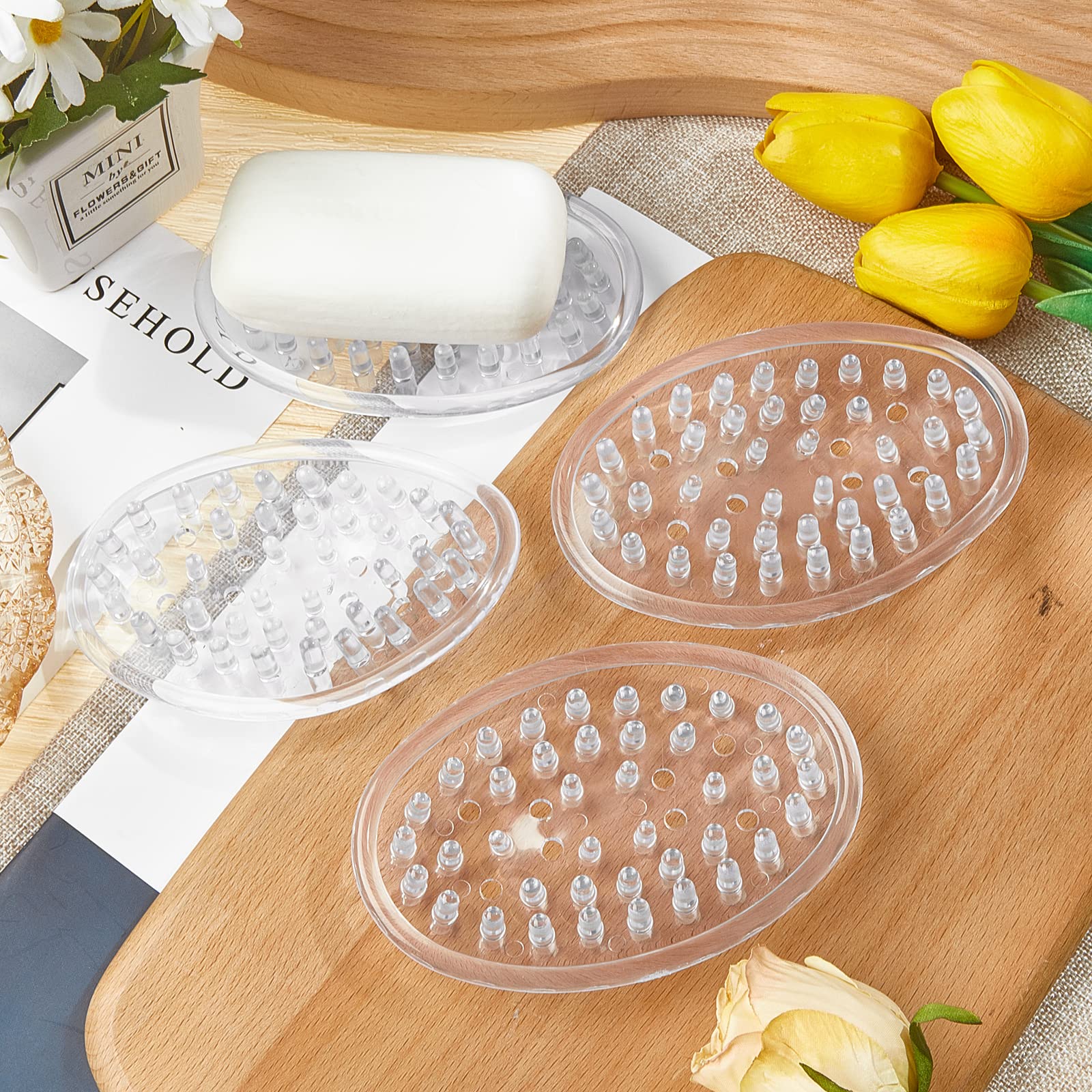 Plastic Soap Holder Soap Dish Bar Saver Tray with Holes Soap Sponge Holder for Kitchen Bathroom Shower Counter  4.5 x 3 x 0.7 Inches (Clear 2 Pcs)