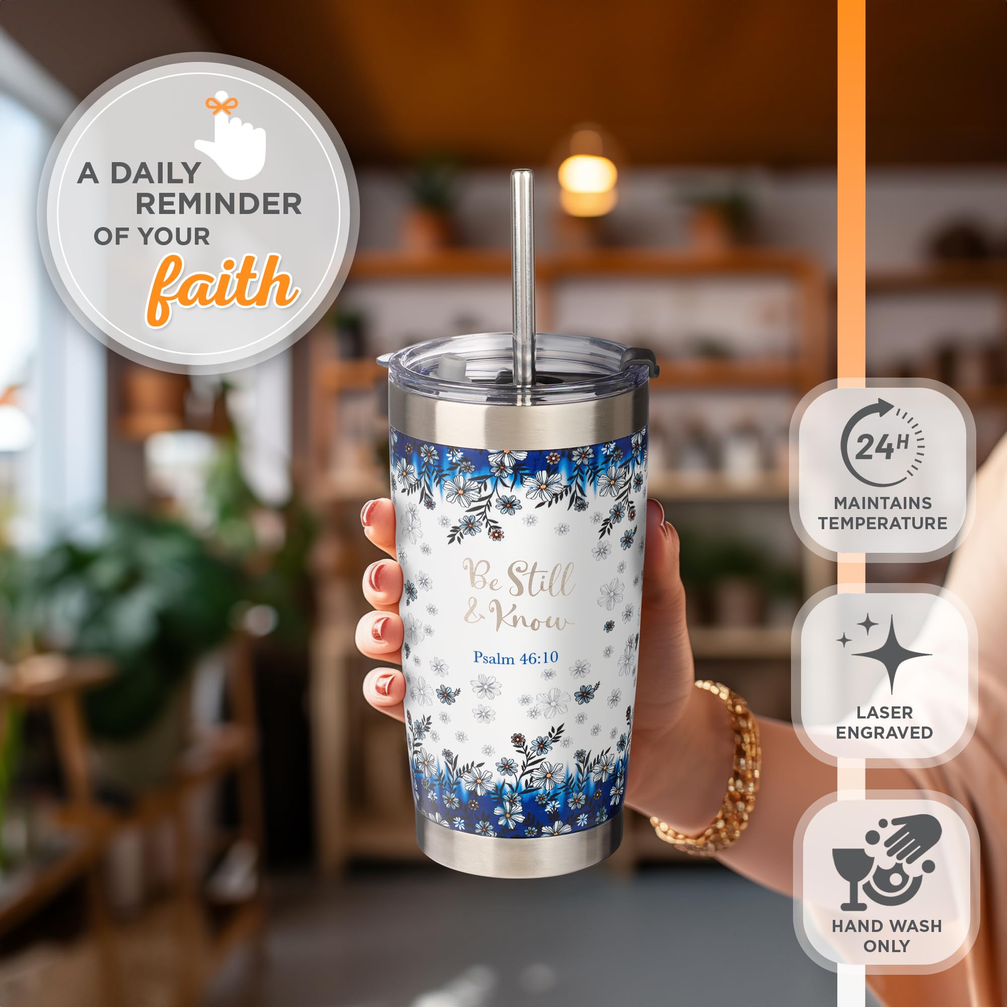 Christian Art Gifts Double Wall Vacuum Insulated Stainless Steel Travel Mug And Straw 18 Oz Blue Floral Camp Style Coffee Mug Wi