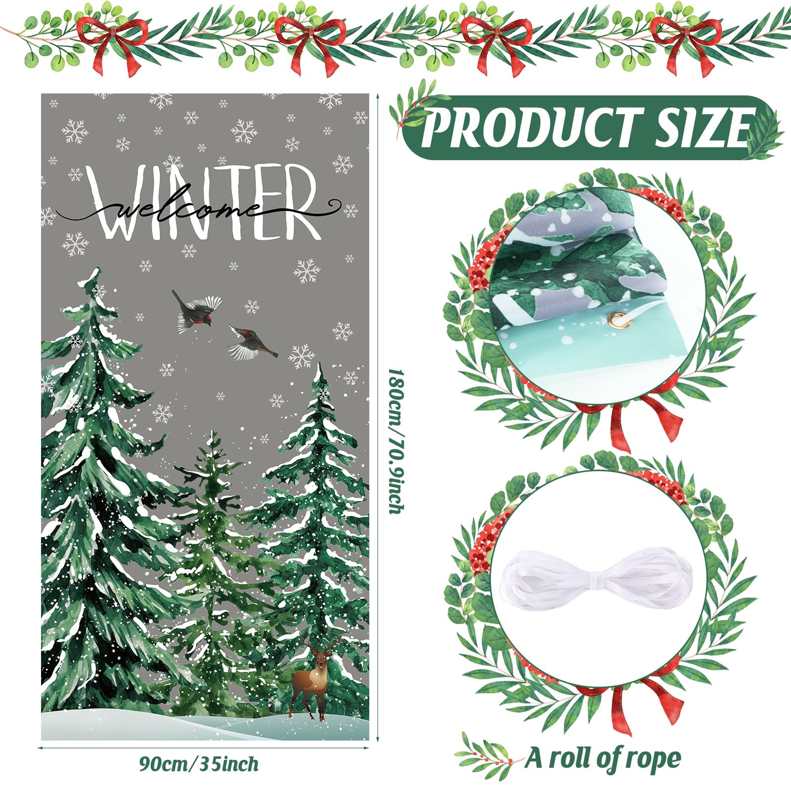 Buryeah Winter Door Cover Christmas Tree Door Decor Winter Banner Snowflake Background Xmas Vintage Hanging Backdrop for Front O