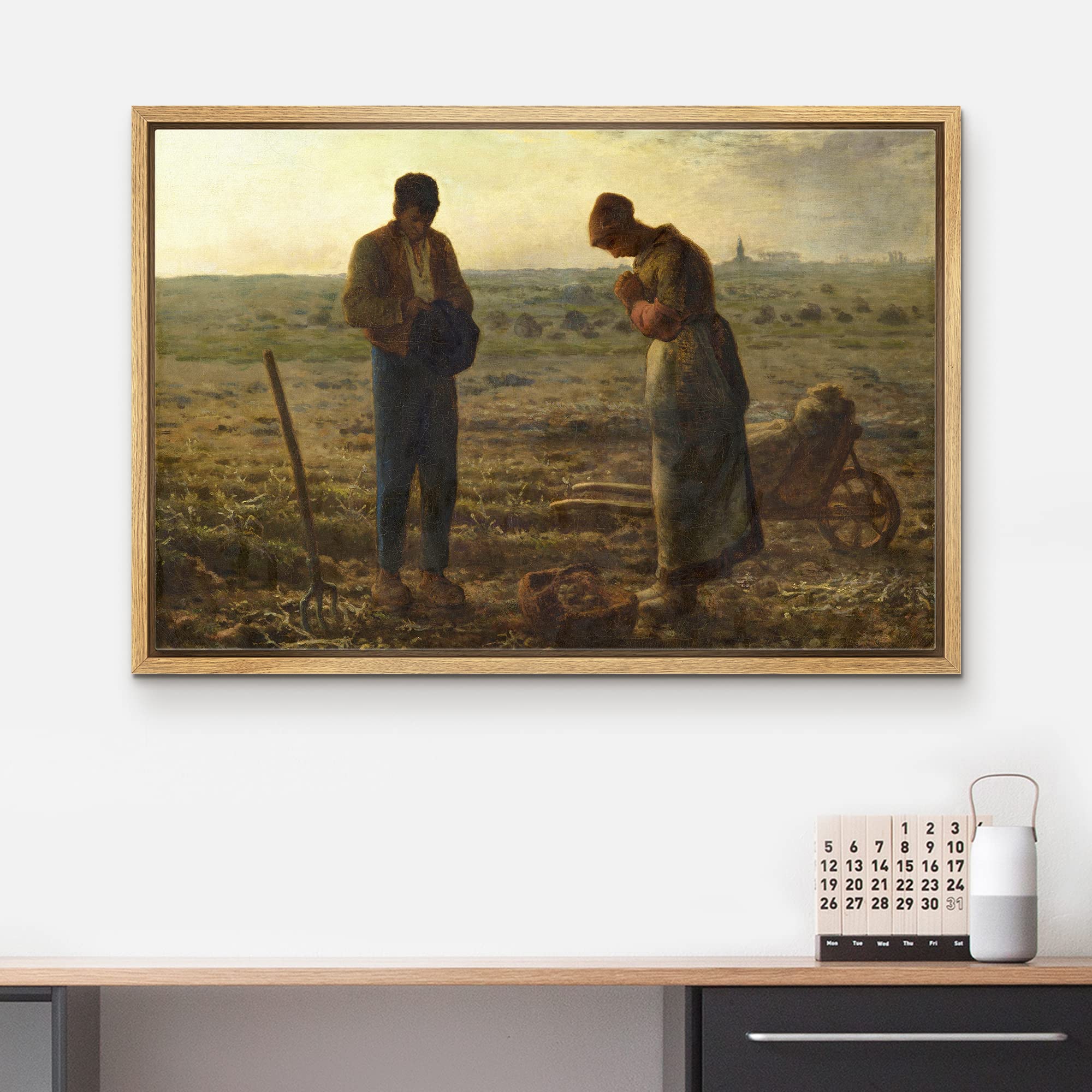 Wall26 - The Angelus By Jean-Francois Millet - Framed Canvas Print Wall Art Famous Painting Reproduction - 24''X36'' Natural
