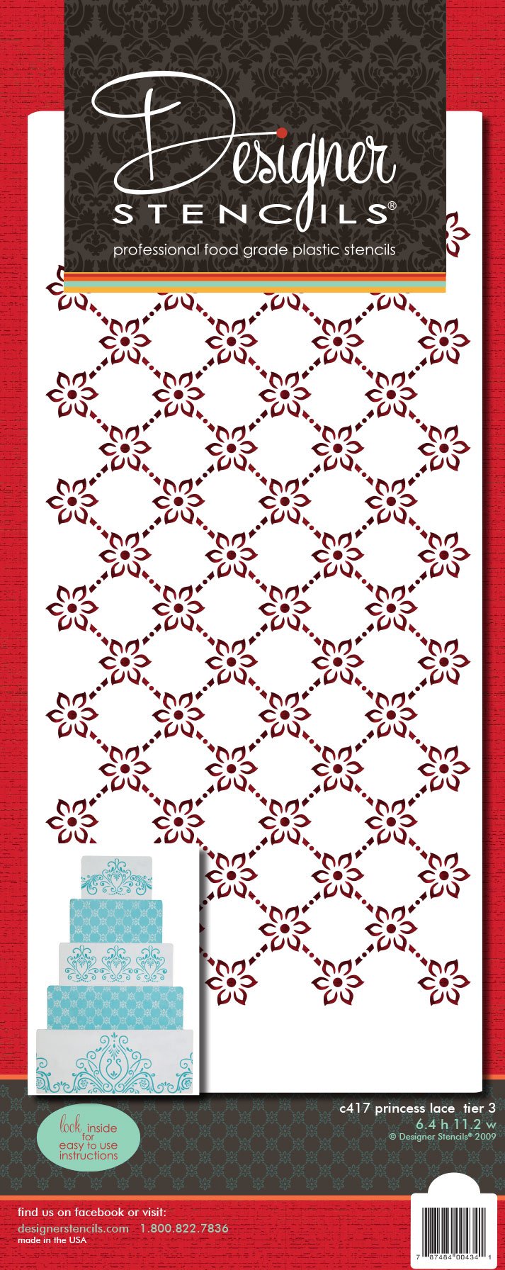 Designer Stencils Princess Lace 3 Cake Foodgrade Stencil, 6.4'' X 11.2'', Beige/Semi-Transparent