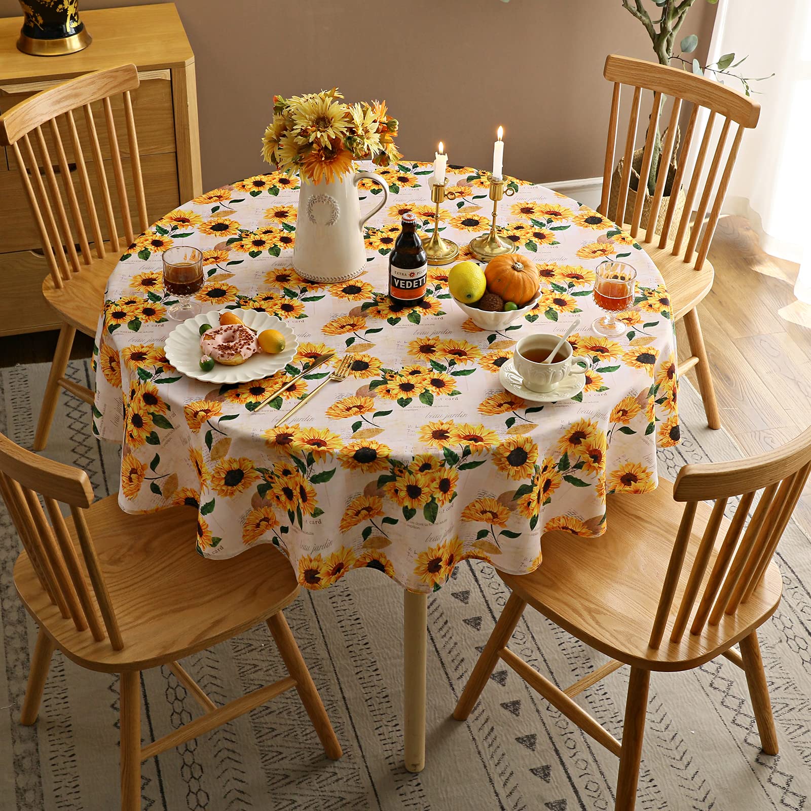 Joyfol Day Sunflower Tablecloth,Orange Floral Table Cloth For Round Tables,Waterproof Resistant Flower Table Cover For Kitchen D