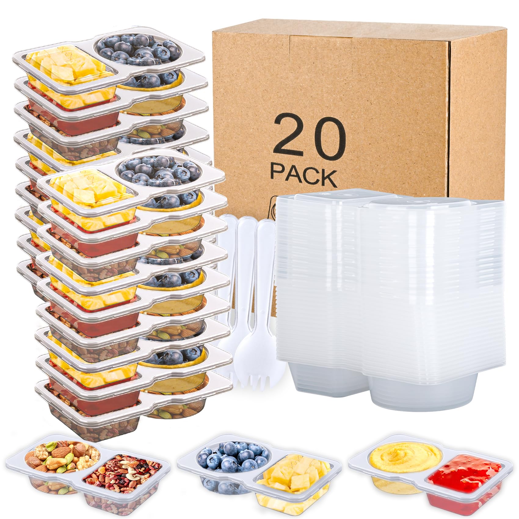 20 Pack Reusable Snack Containers with Lids  Double Compartment Condiment Snack Pack Containers with 20 Forks, Microwave Safe P