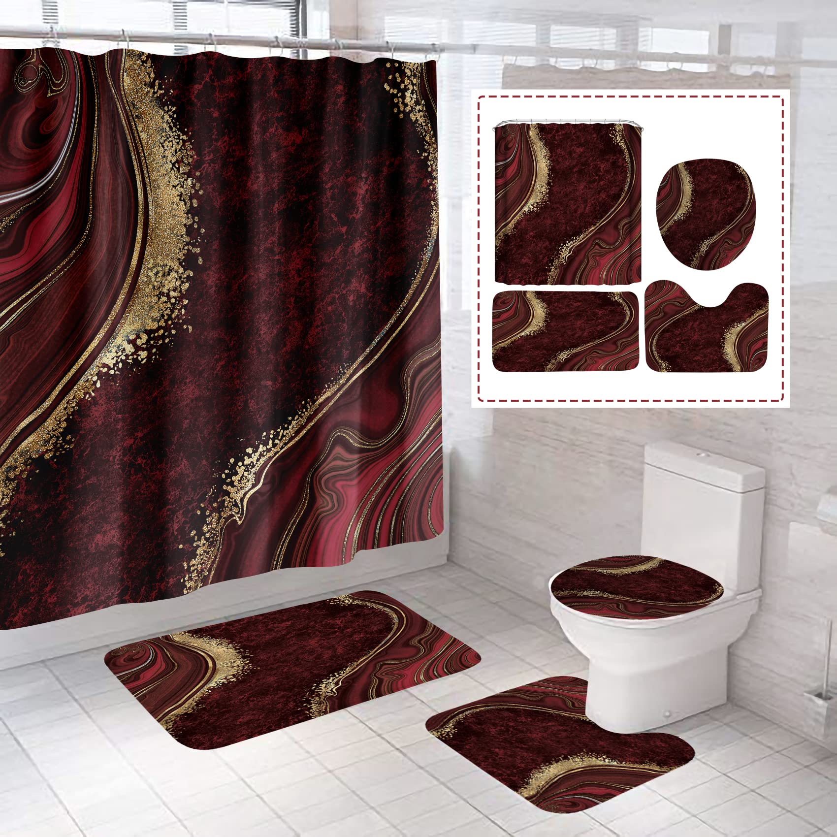 Beifivcl 4Pcs Luxury Marble Shower Curtain Sets, Bathroom Sets With Shower Curtain, Toilet Lid Rug, Contour Mat And Bath Mat, Sh