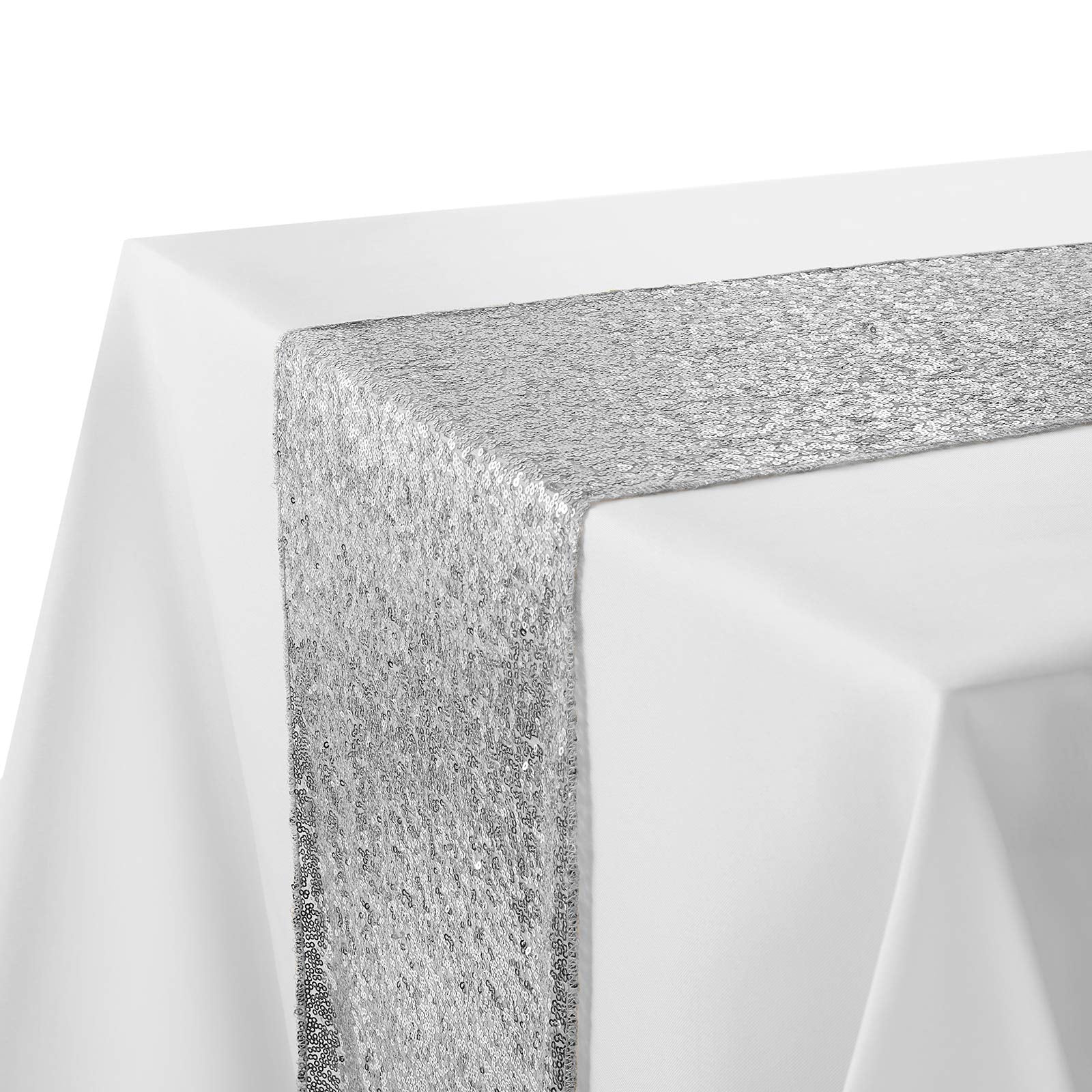 Lann'S Linens 12'' X 108'' Silver Sequin Tablecloth Overlay, Sparkly Square Table Cloth For Wedding, Party, Banquet