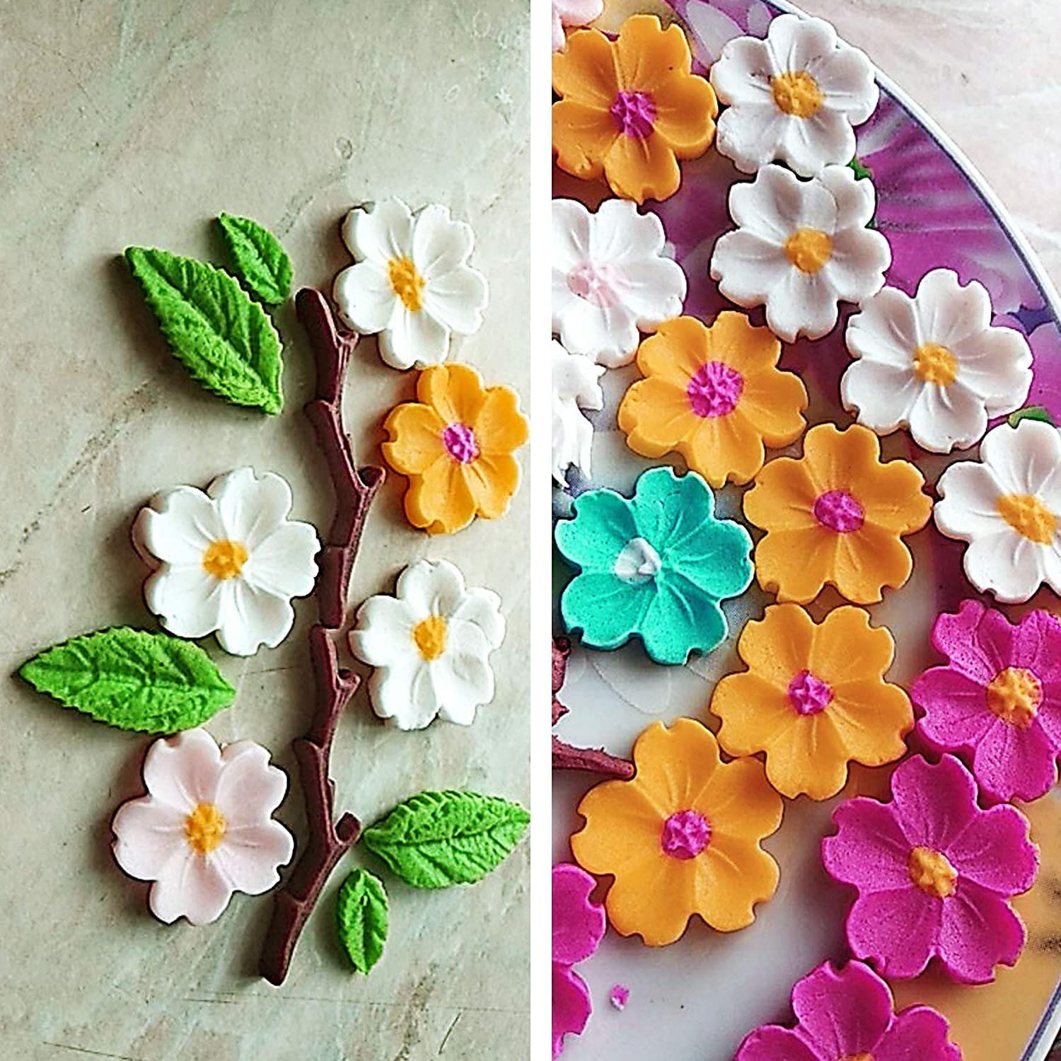 Flower Fondant Cake Molds 3 Pcs, Mini Flower Silicone Molds Roses Flower,Peach Flower And Leaf Molds, Candy Molds Set For Chocol