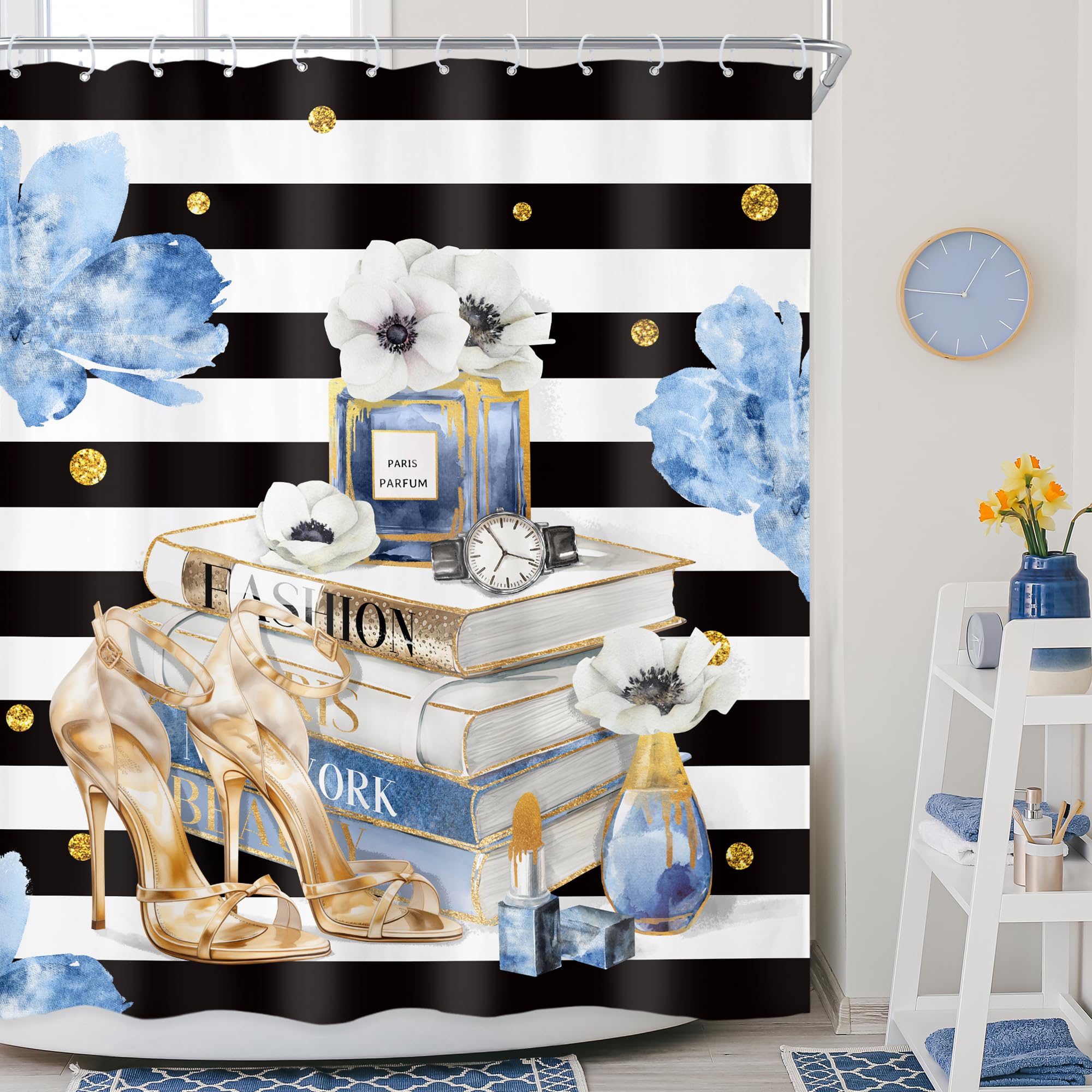 Riyidecor Fashion Shower Curtain 60Wx72H Inch Black White Stripes Blue Gold Floral Modern Magazine Book Perfume High Heels Girls