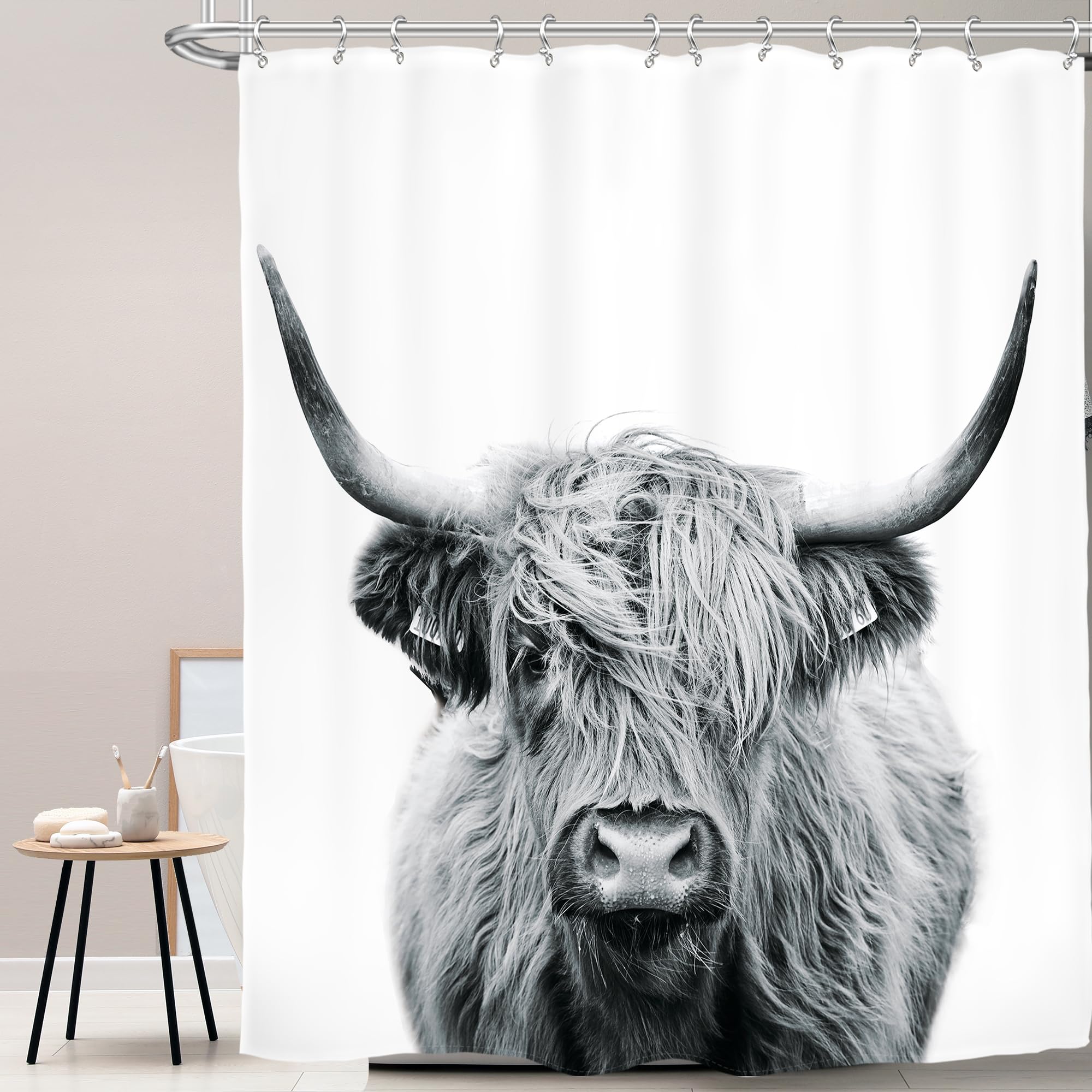 Ambzek Highland Cow Shower Curtain 72Wx84L Inch Bull Western Country Farmhouse Cattle Animal Wildlife Extra Long Large Funny Cut