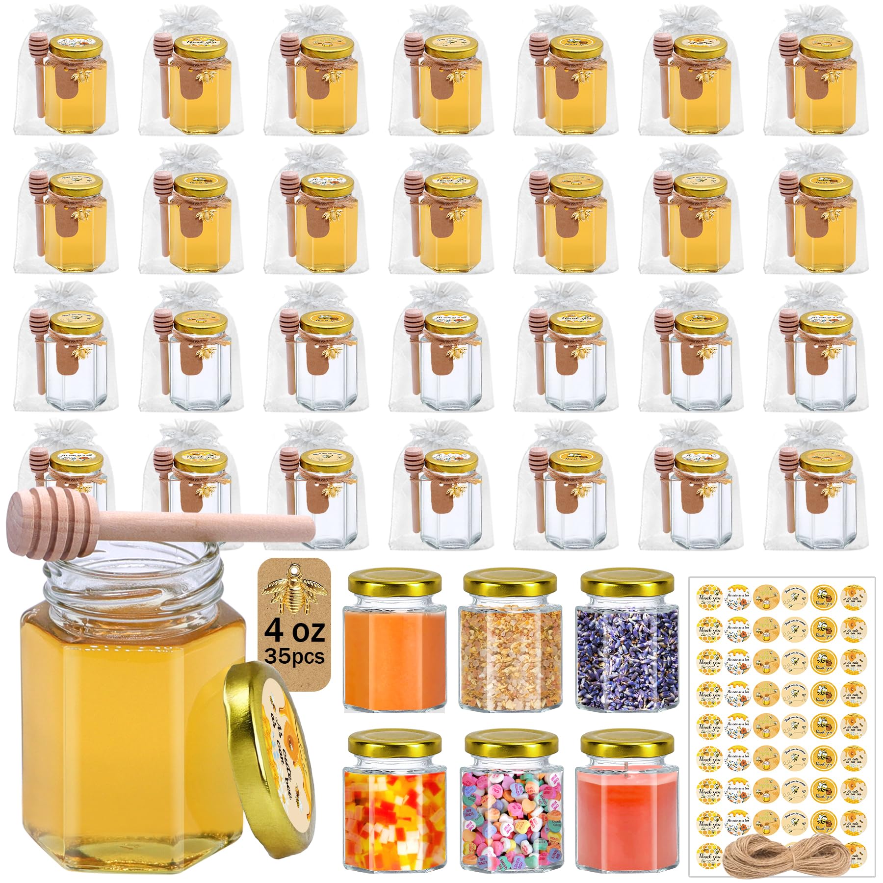 Aliggbent 35 Pack Small Honey Jars for Party Favors in Bulk, 4 oz Mini Hexagon Glass Honey Jars with Dippers, Lids, Cute Sticker