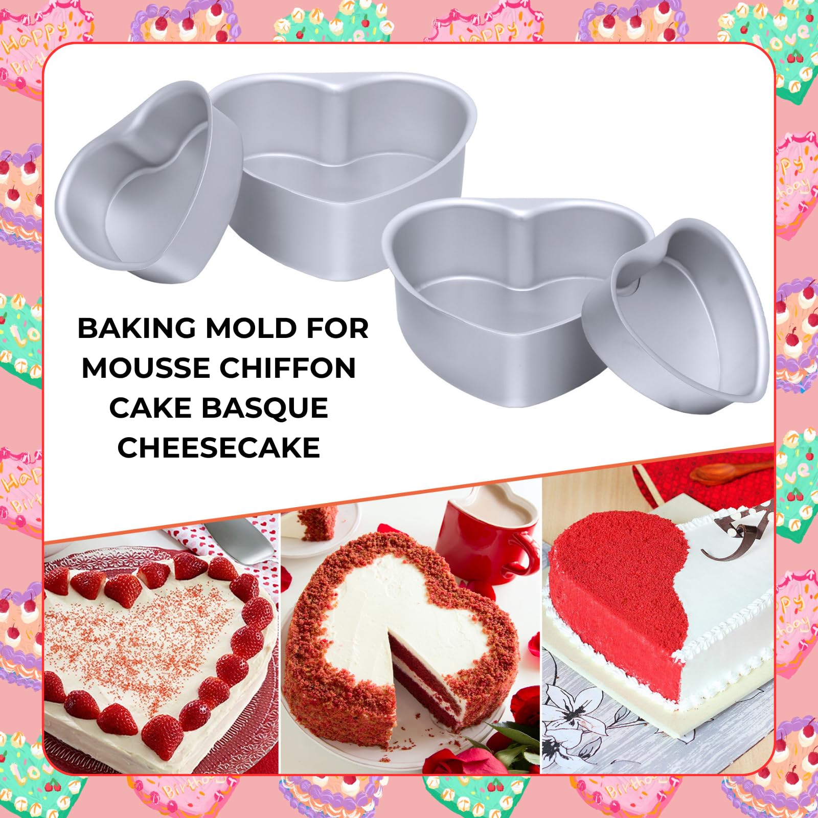Beyonday 2Pcs Heart Shaped Cake Pan With Removable Bottom, 6 Inch & 8 Inch Aluminum Alloy Cake Trays For Birthday Party Wedding