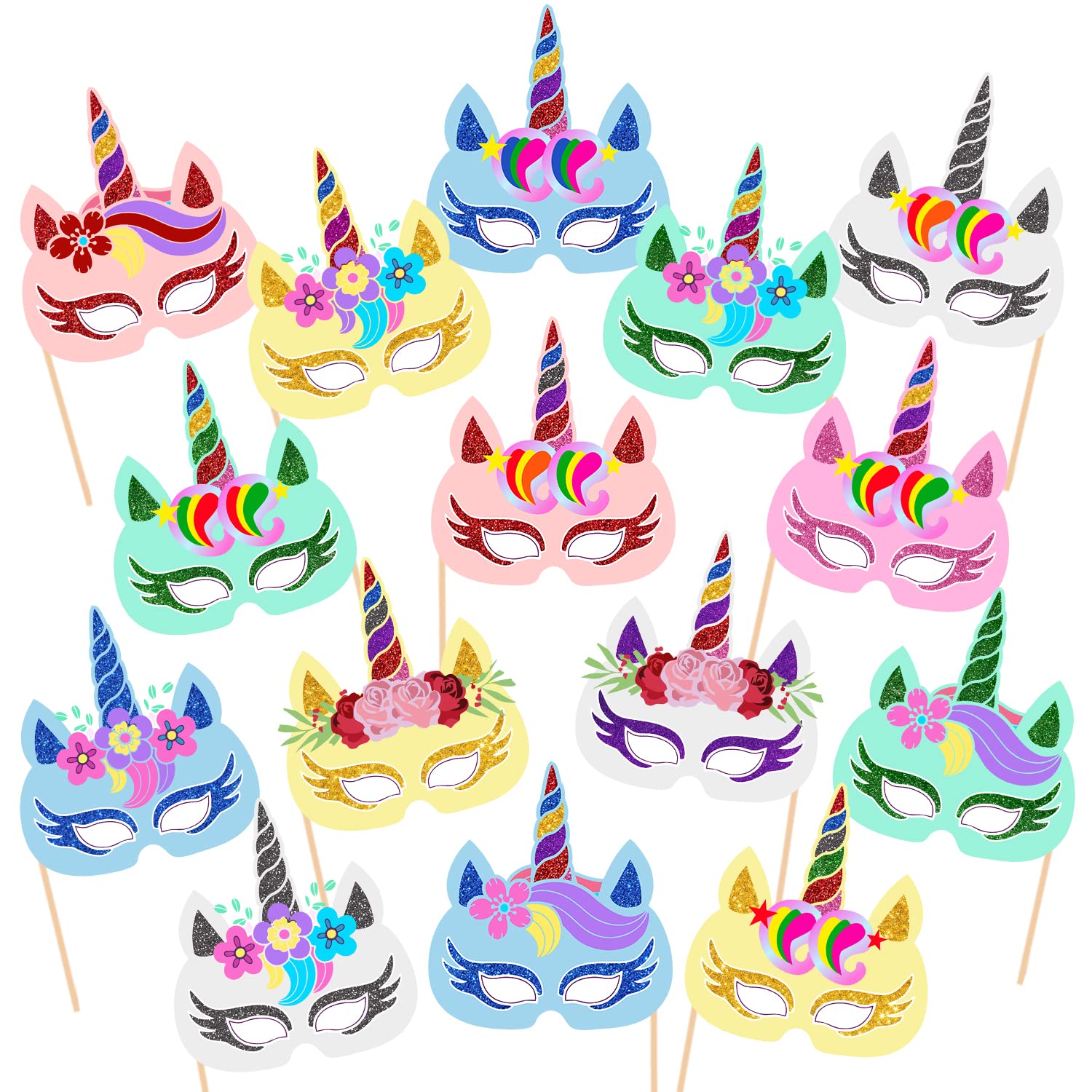 Zyozique 15 Pcs Unicorn Birthday Party Favors Unicorn Masks Photo Booth Props for Girls Kids Unicorn Masks Props Unicorn Theme P