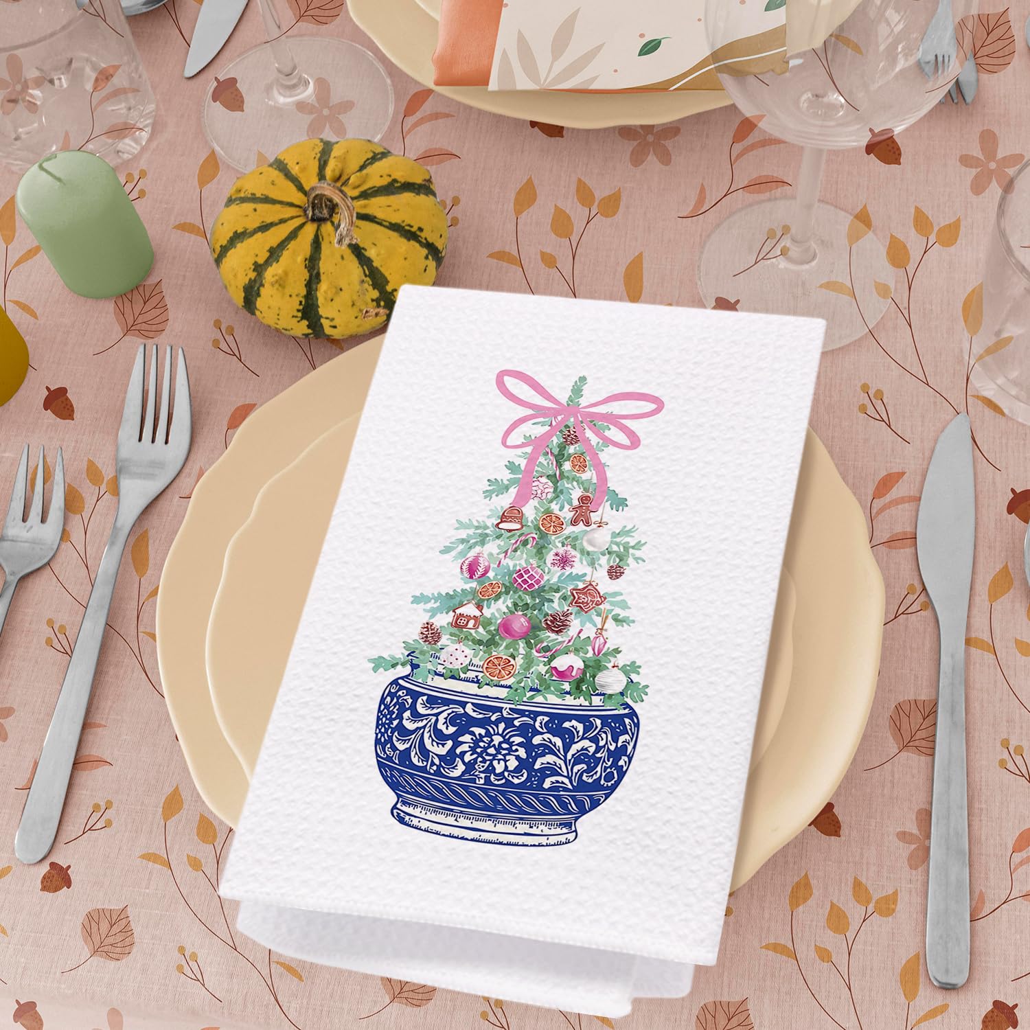 Spbl&L Chinoiserie Christmas Kitchen Towels, Pink Bow Christmas Tree Hand Towels For Bathroom, Blue And White Porcelain Chinoise