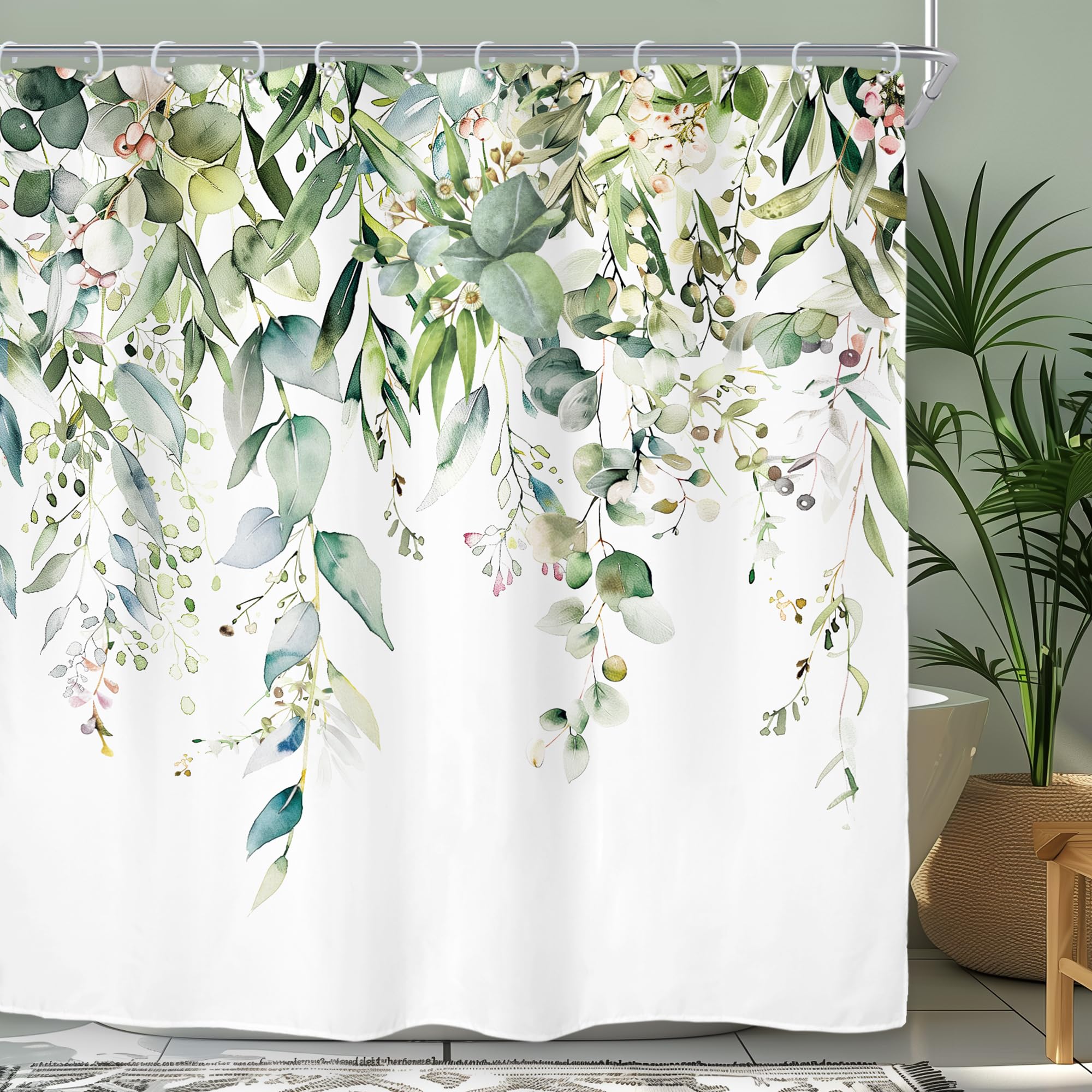 Riyidecor Green Eucalyptus Leaves Cloth Fabric Shower Curtain For Bathroom Decor 72Wx72H Plants Watercolor Floral Rustic Botanic