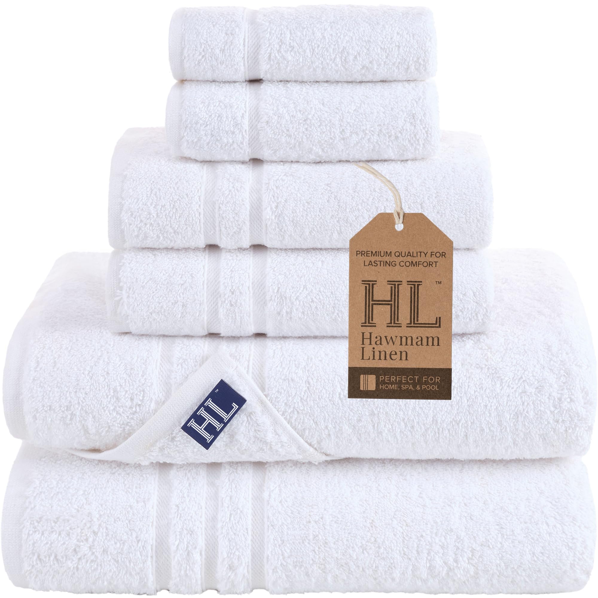 Hawmam Linen White Bath Towels Set 6-Piece Original Turkish Cotton Soft  Absorbent and Premium Towel for Bathroom and Kitchen 2 Bath Towels  2 Hand Towels  2 Washcloths
