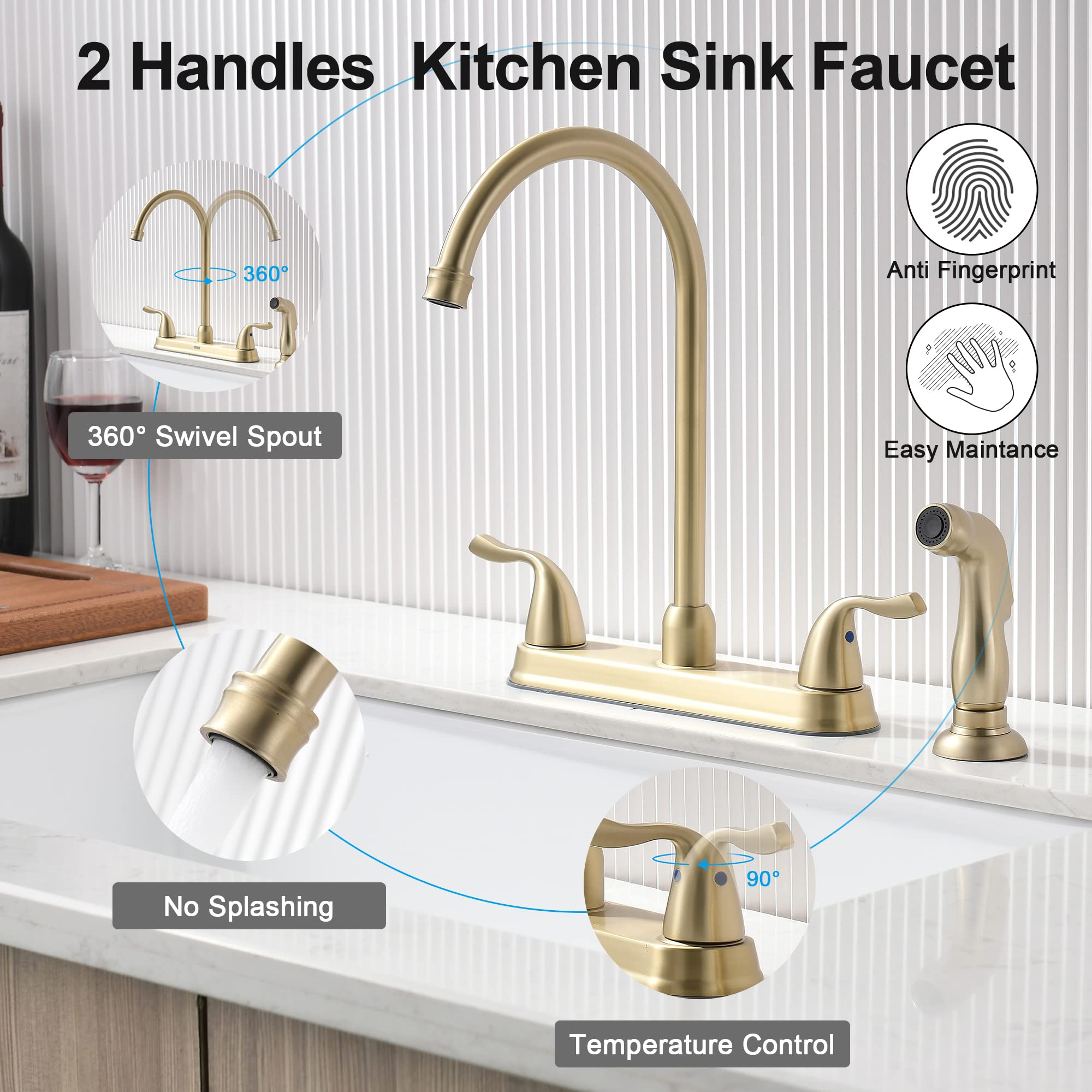 Fropo Gold Kitchen Faucet With Side Sprayer - 2 Handles 8Inch 3 Or 4 Hole Kitchen Sink Faucet Modern Brass Kitchen Golden Faucet