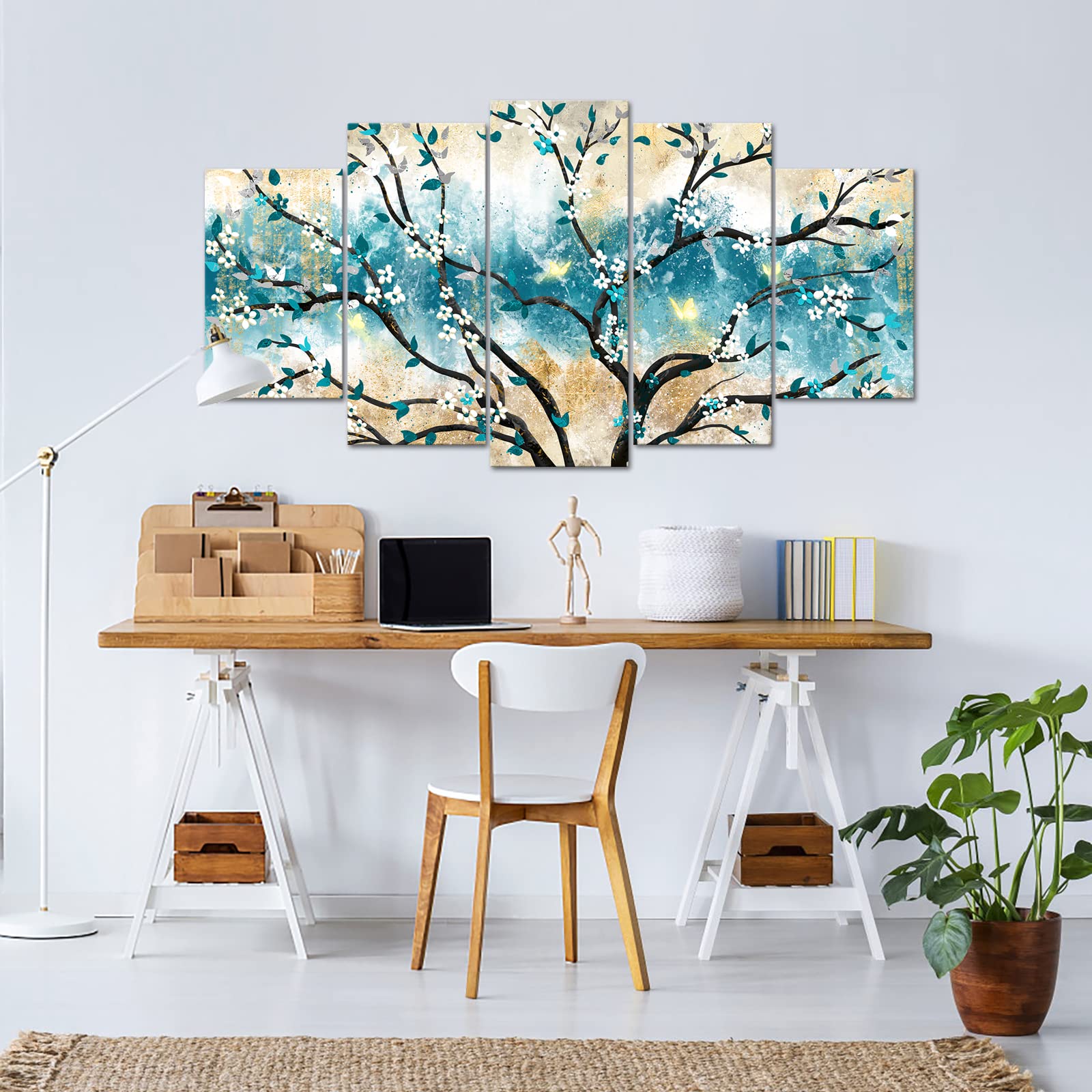 iKNOW FOTO Huge 5 Panel Canvas Print Blue Leaf with Yellow Butterfly White Rose Canvas Art Painting Teal Abstract Wall Art Flower Picture on Canvas Contemporary Artwork 60x32inch