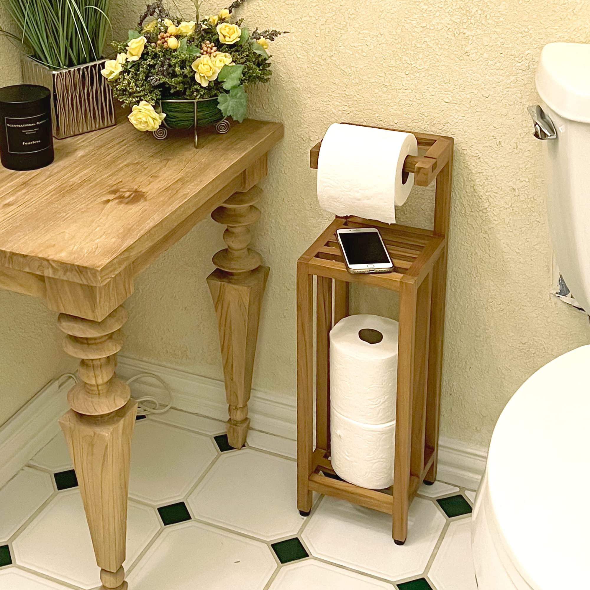 Solid Teak Toilet Paper Holder Stand With Shelf, Freestanding Bathroom Toilet Paper Roll Holder With Reserve, Standing Toilet Pa