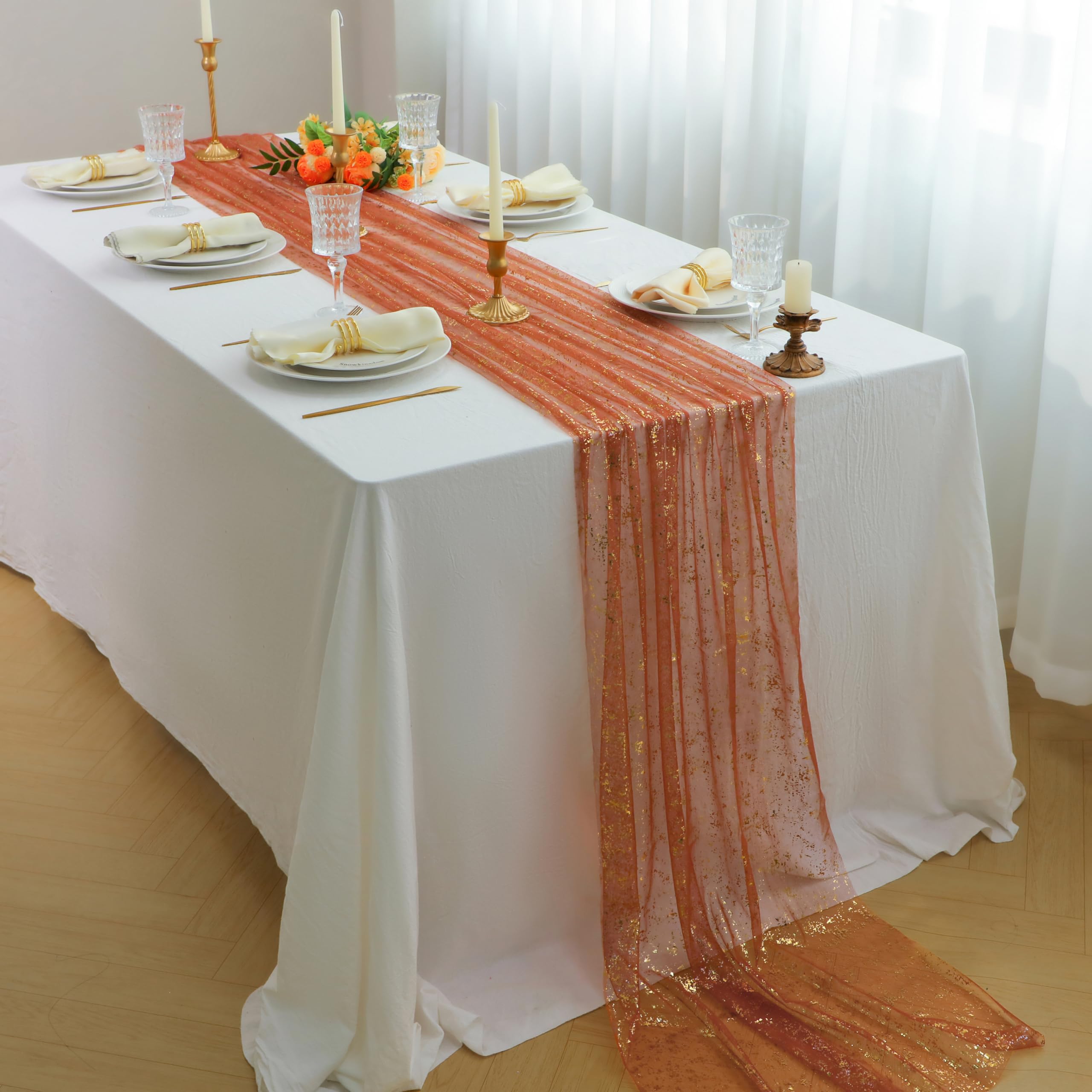 Snowkingdom 10 FT Fall Thanksgiving Table Runner Terracotta Gold Table Runner Burnt Orange Rust Sheer Chiffon Gauze Cheesecloth
