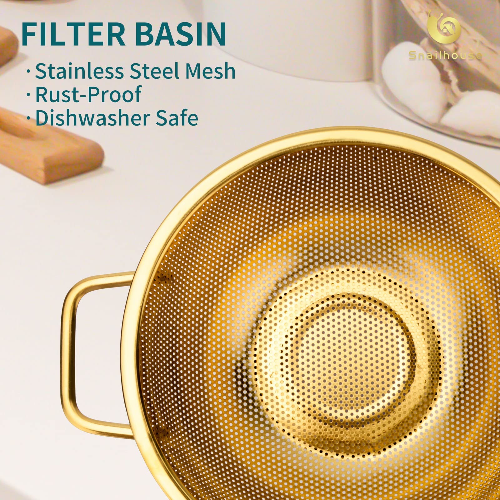 Snailhouse Colander, 3 Quart Stainless Steel Pasta Rice Food Metal Strainer With Handles And Self-Draining Base For Kitchen, Gol