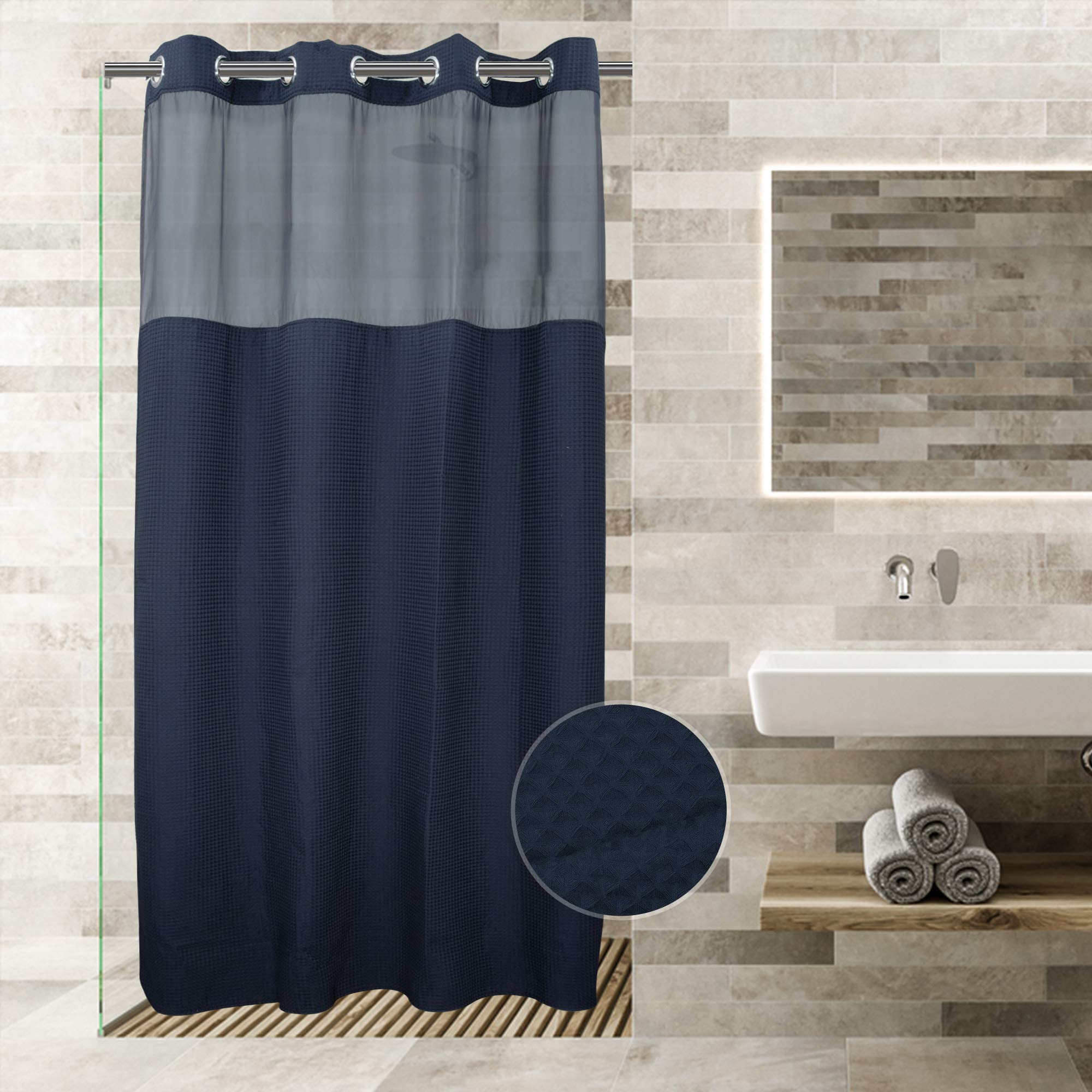 River Dream Navy Blue Fabric Shower Curtain Set, Cotton Blend, Waffle Weave, With Snap In Replacement Liner,54 X 80Inches