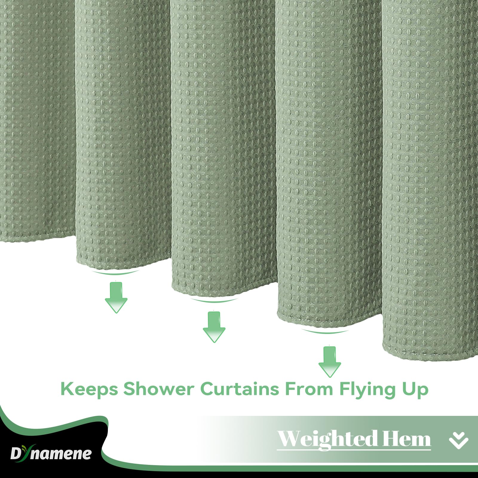 Dynamene Fabric Shower Curtain With Snap In Liner, Sage Green Waffle Hotel Shower Curtains For Bathroom, Washable Waterproof Clo