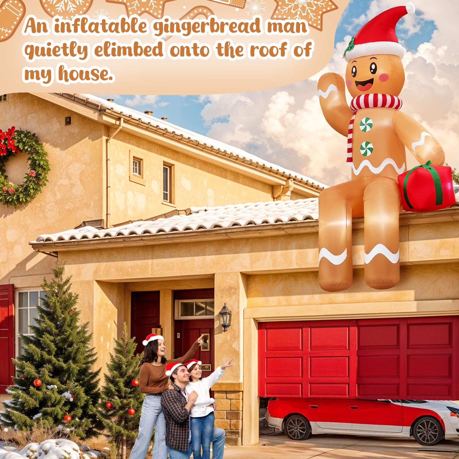 GUDELAK 10FT Christmas Inflatable Outdoor Decoration, Sitting Waving Gingerbread Inflatables Outdoor Decorations with Built-in L