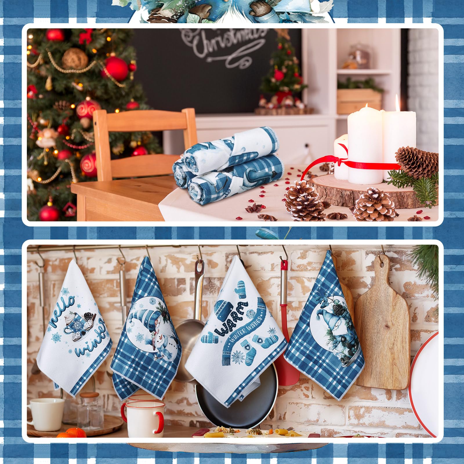 Hosuly 6 Pcs Winter Kitchen Towels Hello Winter Blue Plaid Hand Towels Snowflakes Gnome Let Snow Dish Clothes Warm Farmhouse Dec