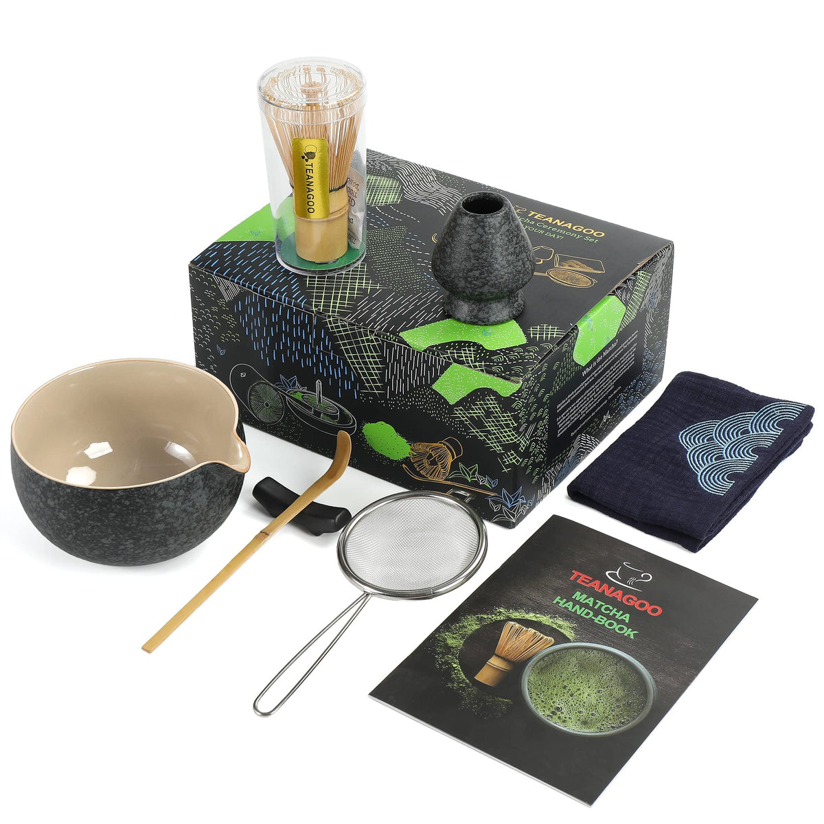 Teanagoo Japanese Tea Set (7Pcs) Matcha Whisk Set Matcha Bowl With Pouring Spout Bamboo Matcha Whisk (Chasen) Scoop (Chashaku) M