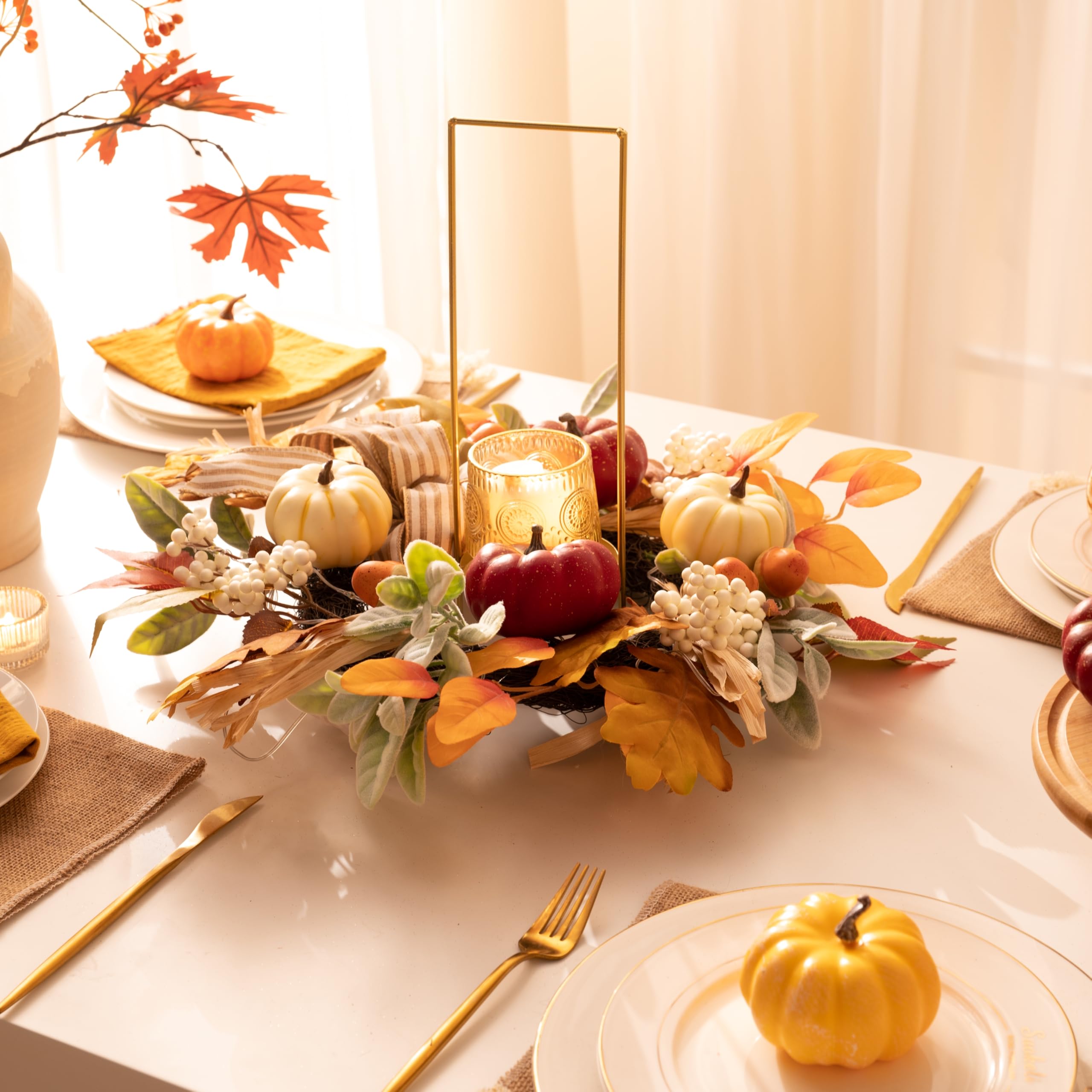 Valery Madelyn Fall Wreaths for Front Door Outside, 18 Farmhouse Autumn Door Wreath with Lights Brown Pumpkins Bow, Outdoor Fa