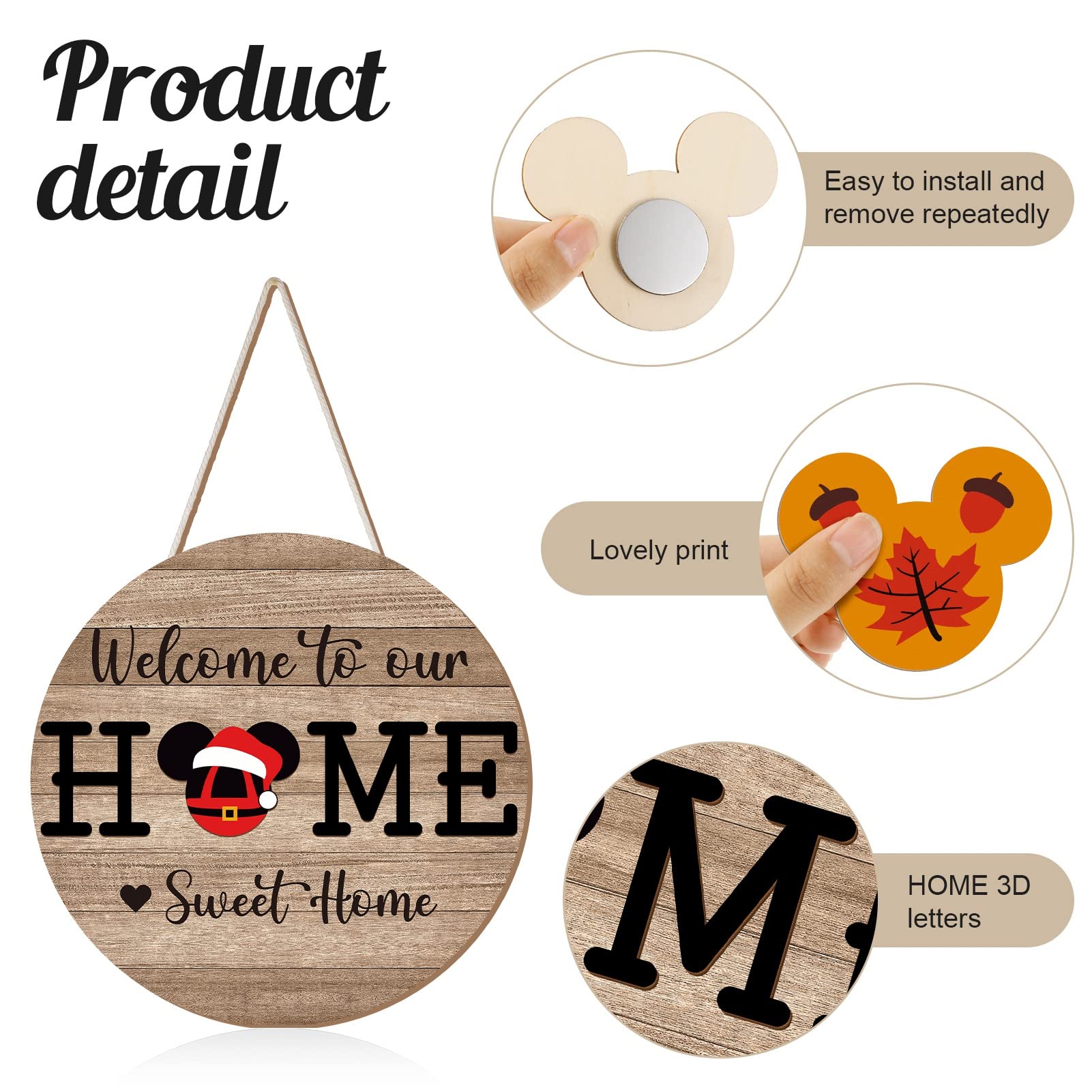 Qweryboo 13 Pcs Mouse Welcome Door Sign,Seasonal Interchangeable Wreaths Rustic Wood Hanging Signs Welcome to Our Home Door Sign