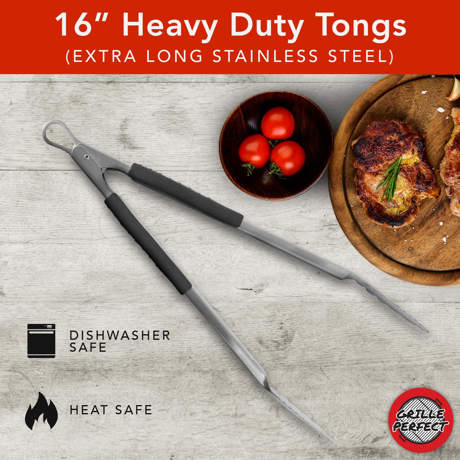 Grill Tongs Extra Long 16-inch Heavy Duty for BBQ and Grilling  Extra Long Stainless Steel Grilling Tongs for Outdoor Grill and Kitchen Cooking  Long Metal Tongs with Safety Hand Grips