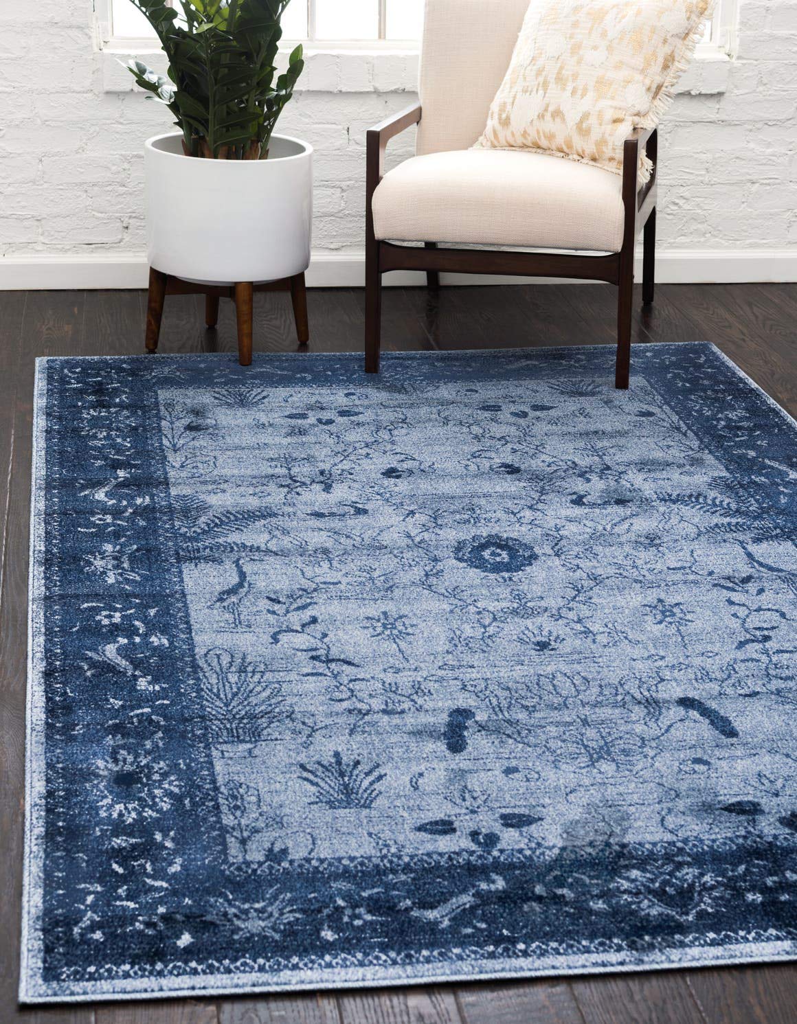 Unique Loom La Jolla Collection Farmhouse, Contemporary, Botanical, Traditional, Vintage Area Rug, 3 ft 3 in x 5 ft 3 in, Blue/N