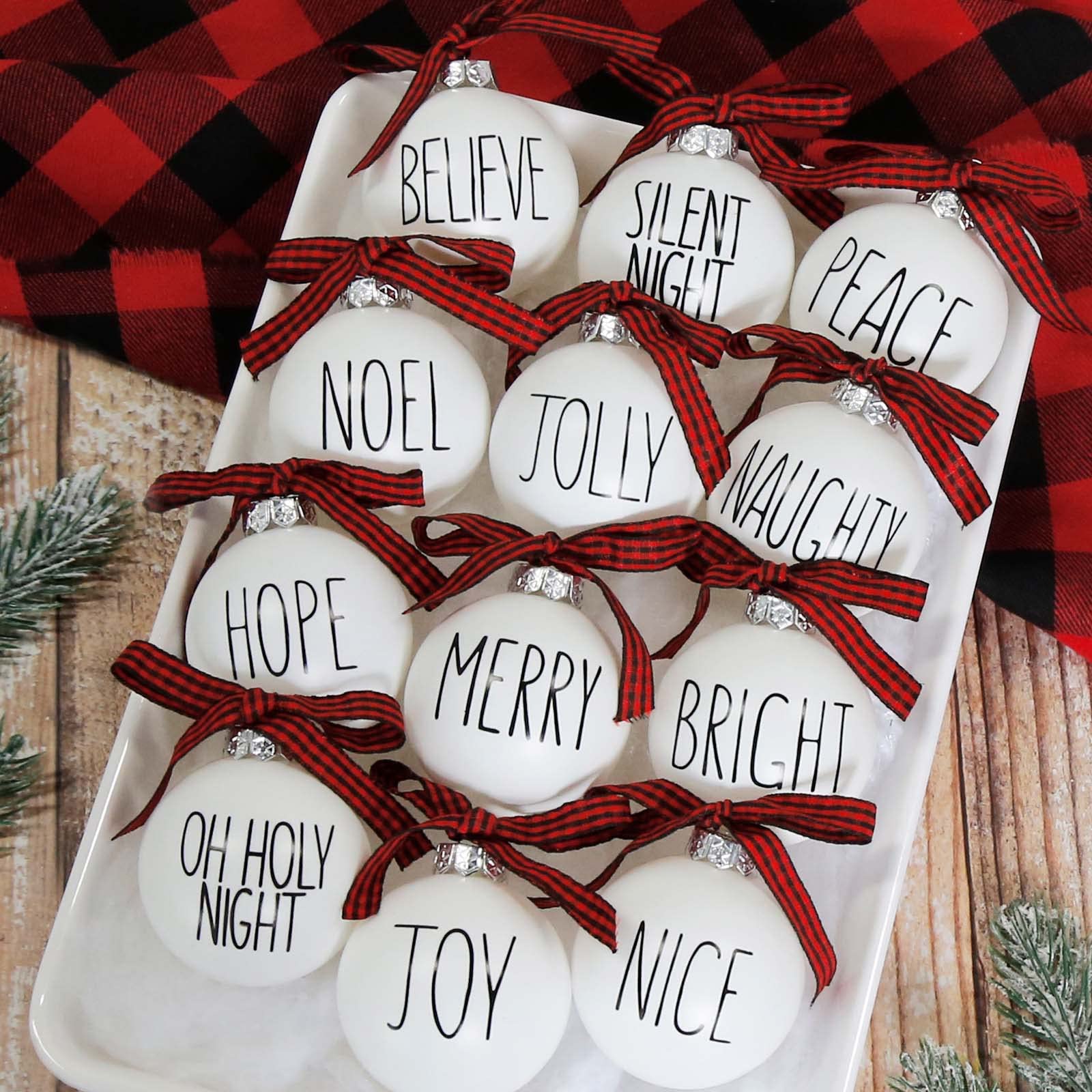 Christmas Ornaments - Set of 12 Shatterproof White Bulbs Adorned with Buffalo Plaid Bows - Rustic Farmhouse Christmas Tree Decor