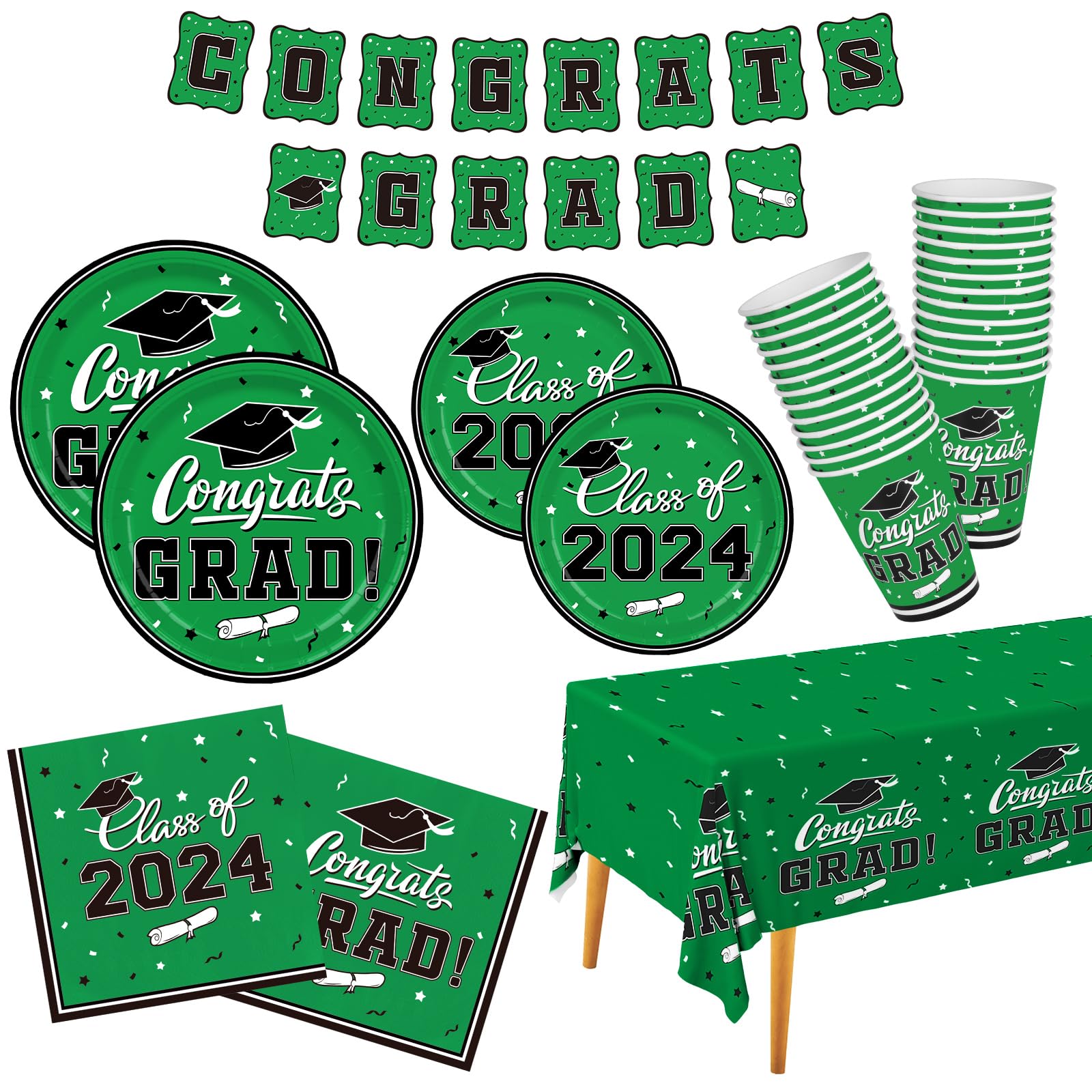 Graduation Party Supplies Gatherfun 2024 Graduation Party Dinnerware Set Green Disposable Paper Plates Napkins Cups Tablecloth B