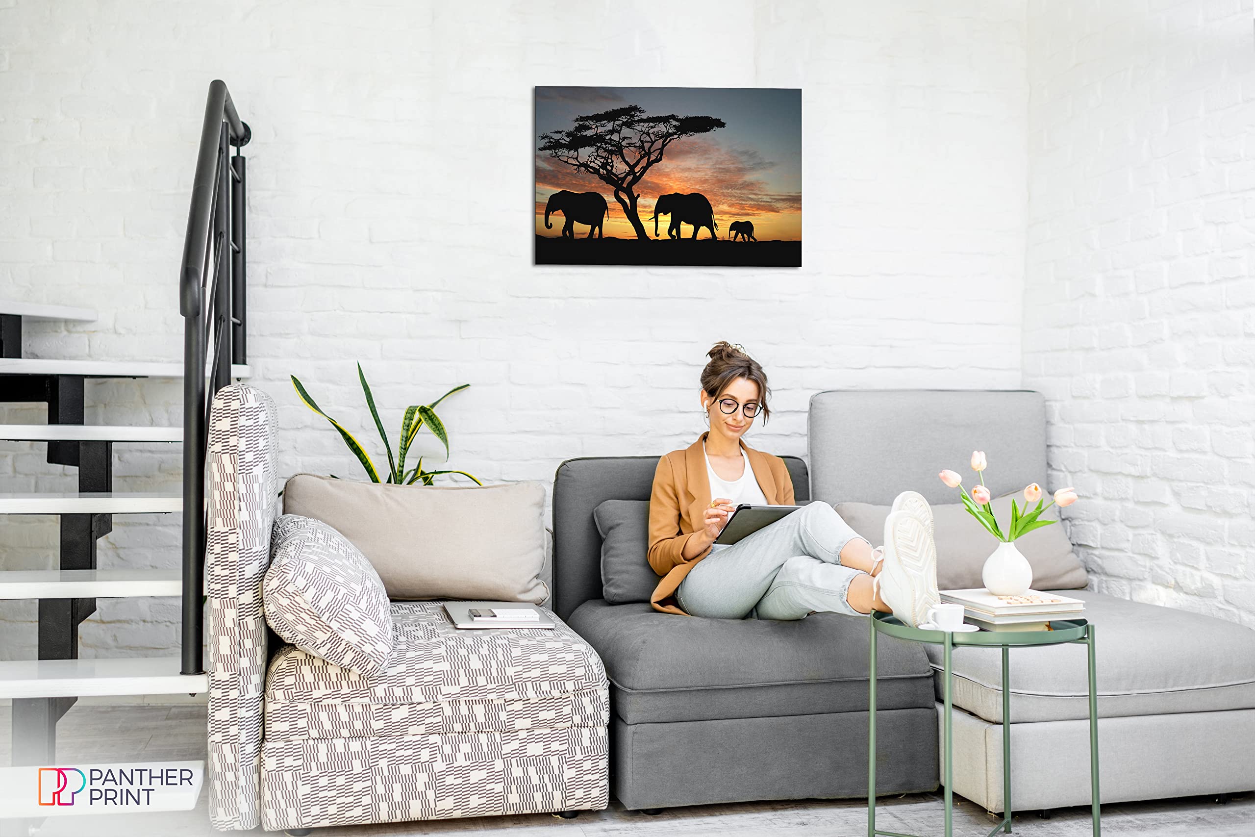 Elephants In The Sunset Africa Landscape Canvas Wall Art Picture Print (12X8)