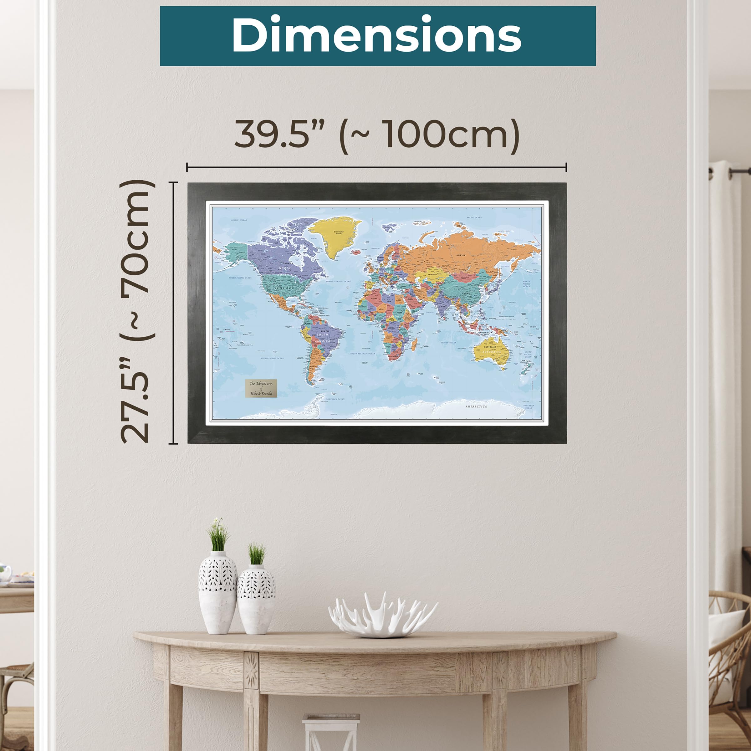 Push Pin Travel Maps Customizable Blue Oceans World Map 27.5"x39.5" Rustic Black Frame, 8 Handcrafted Options, Made in USA