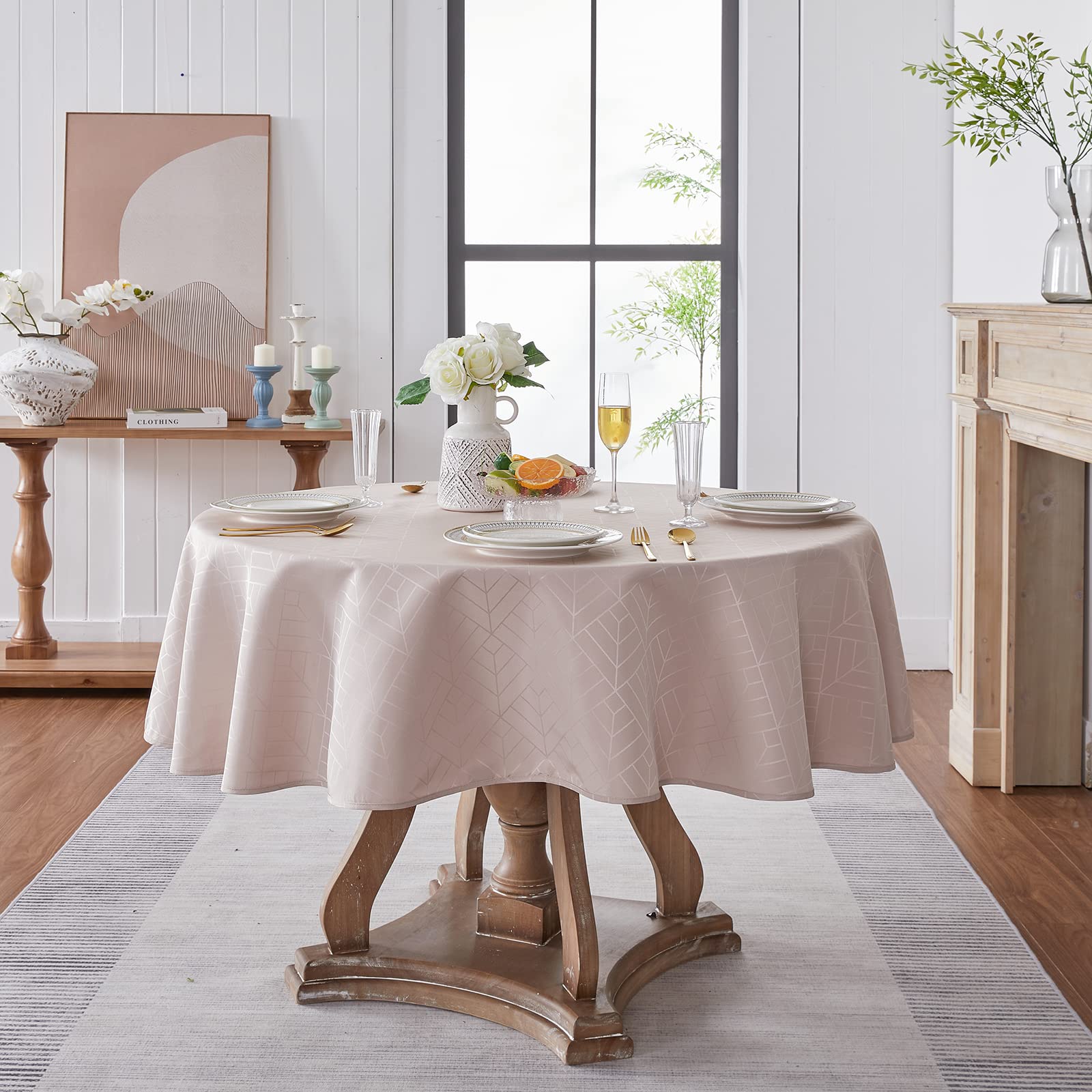 Efficinature Round Table Cloth Jacquard Round Tablecloth 60 Inch Geometry Pattern Silky Soft Waterproof Wrinkle Resistant Washab