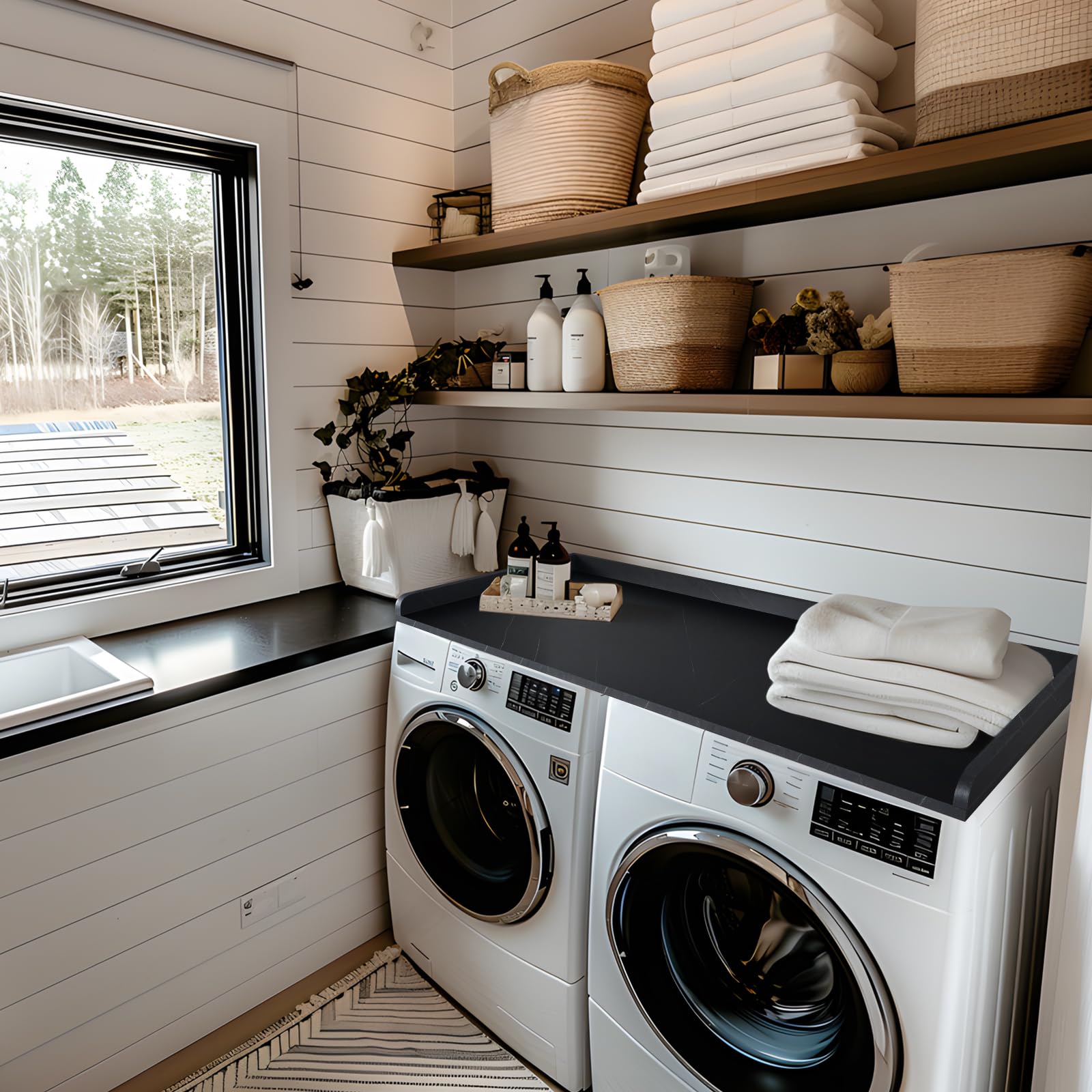 Kaboon Washer Dryer Countertop, Melamine Countertop With Edge Rails - 27.5'' Depth X 54'' Width Laundry Room Organization, Cloud