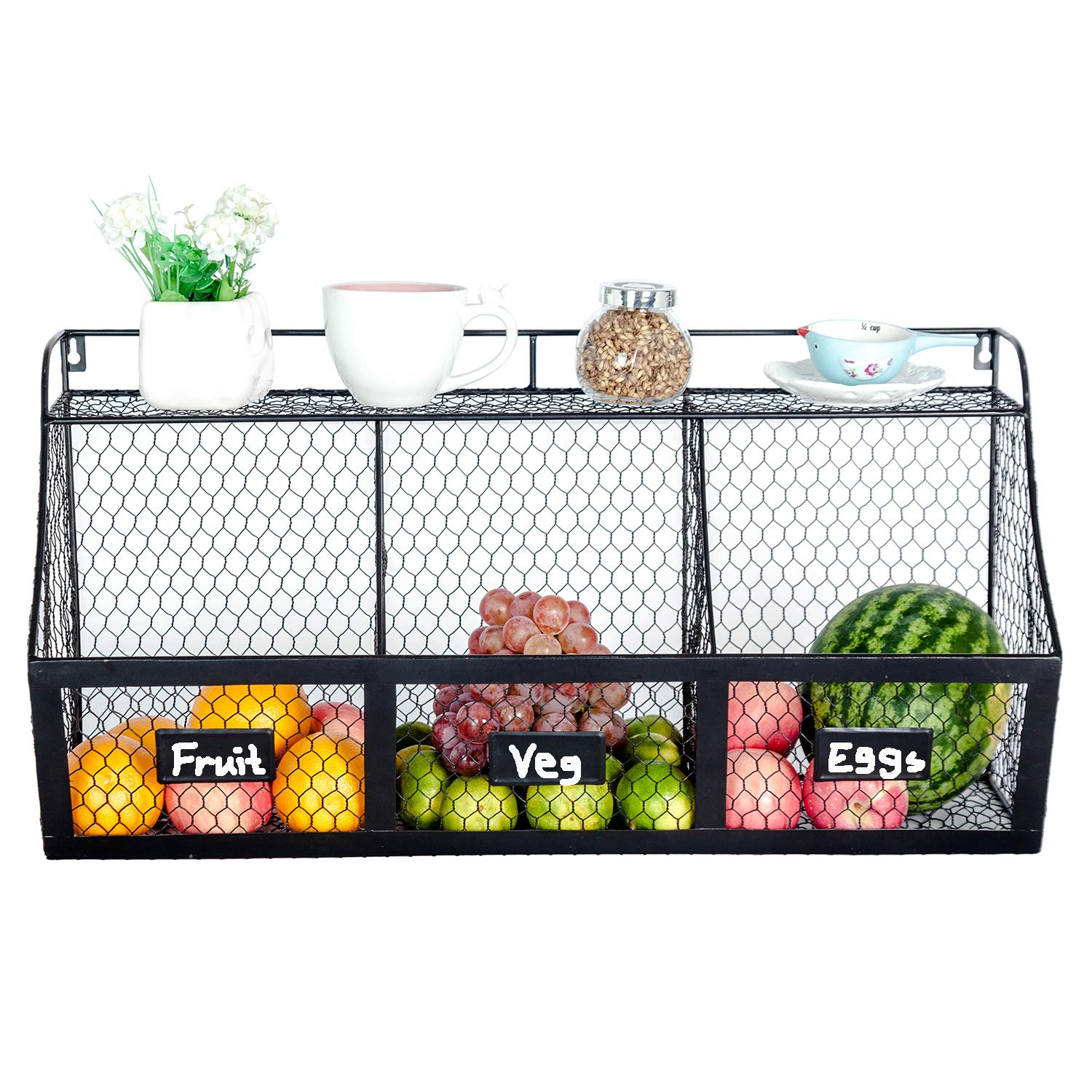 K-Cliffs 3 Compartment Wall Mount Metal Storage Basket Large Kitchen Hanging Fruit Basket Wire Organizer Produce Basket Rack Bin