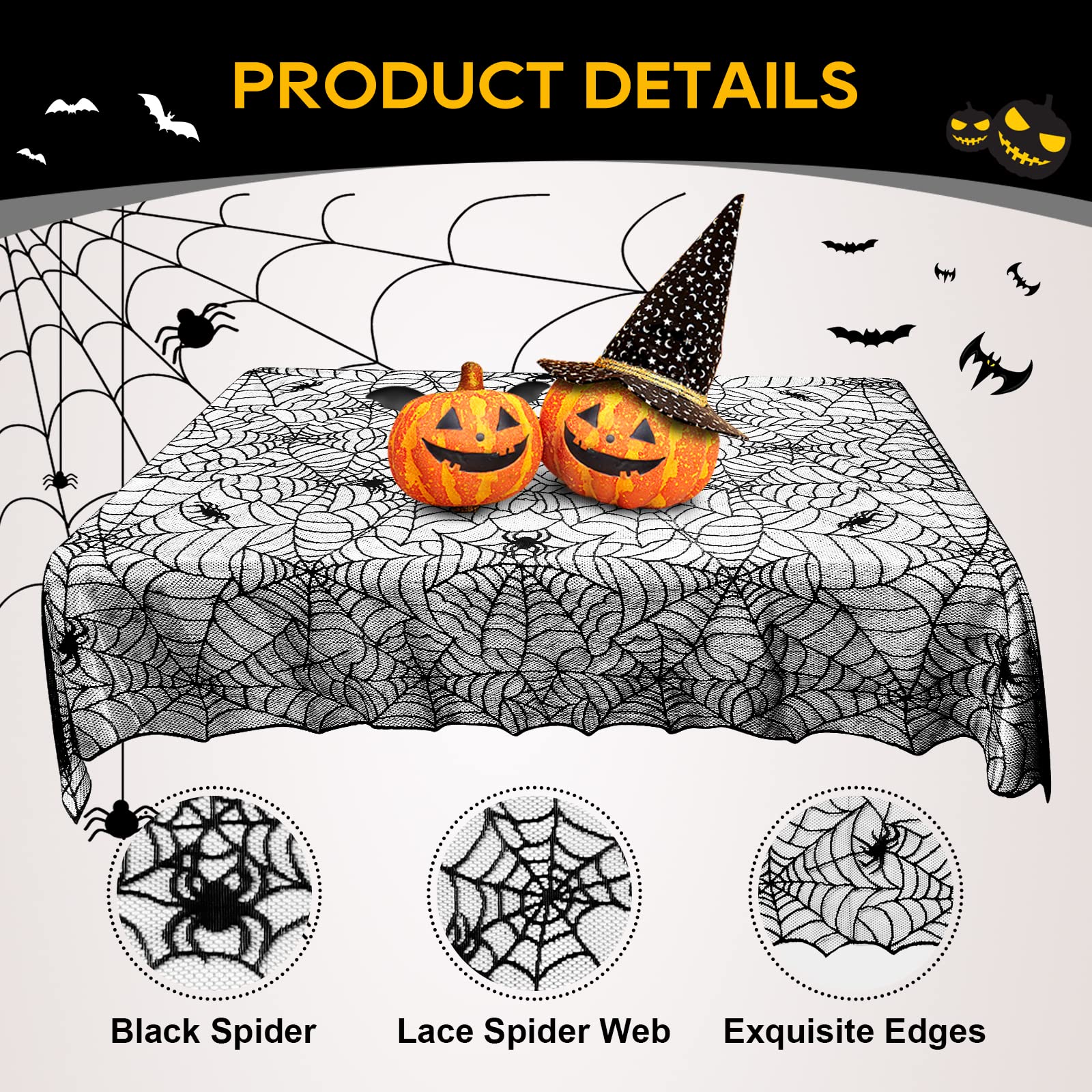 Ezakka Halloween Table Cloth, 60''X104'' Spider Webs Tablecloths Black Tablecloth Lace Fabric Table Cloths Spooky Table Cover Fo