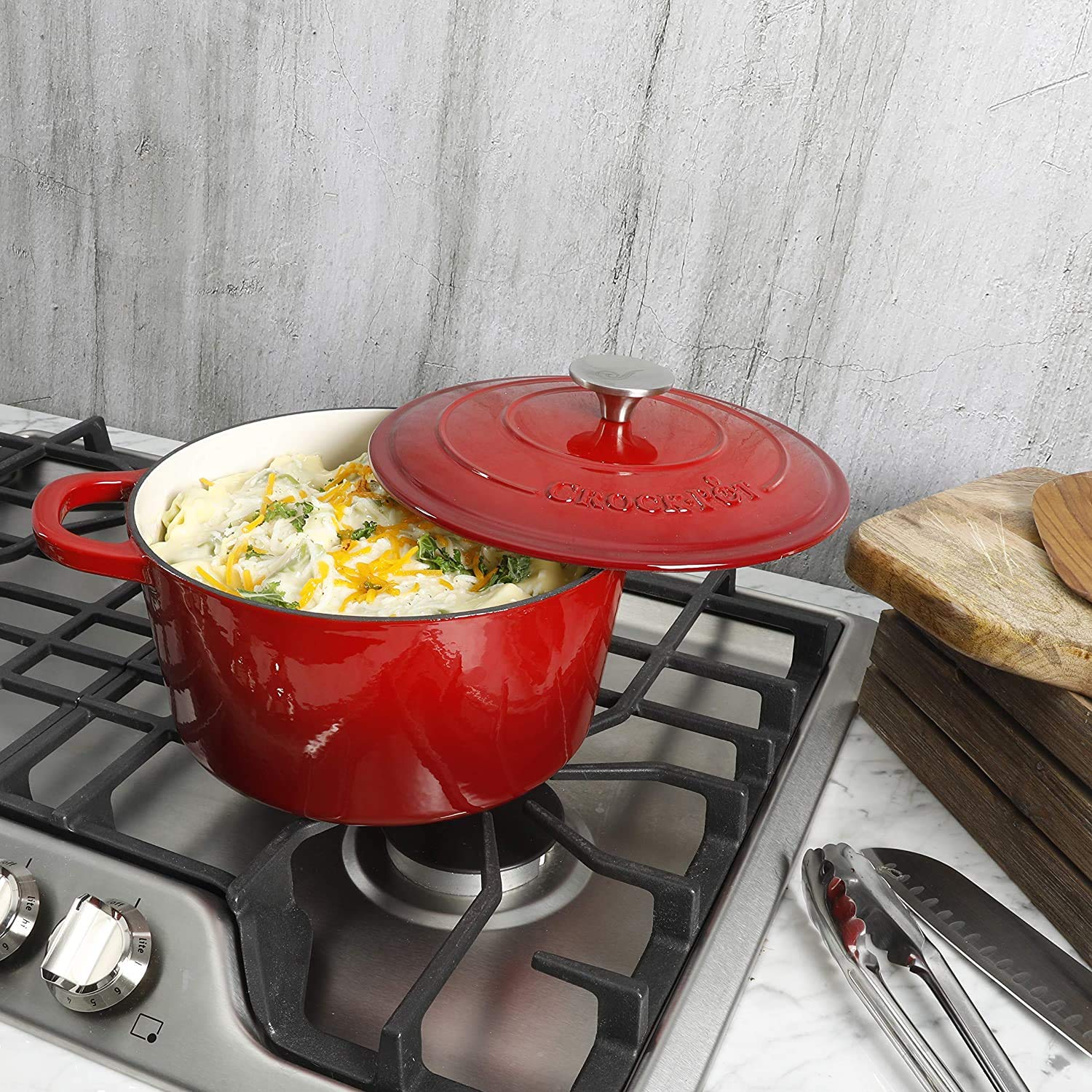 Crock Pot Artisan 5 Quart Enameled Cast Iron Round Dutch Oven, Red