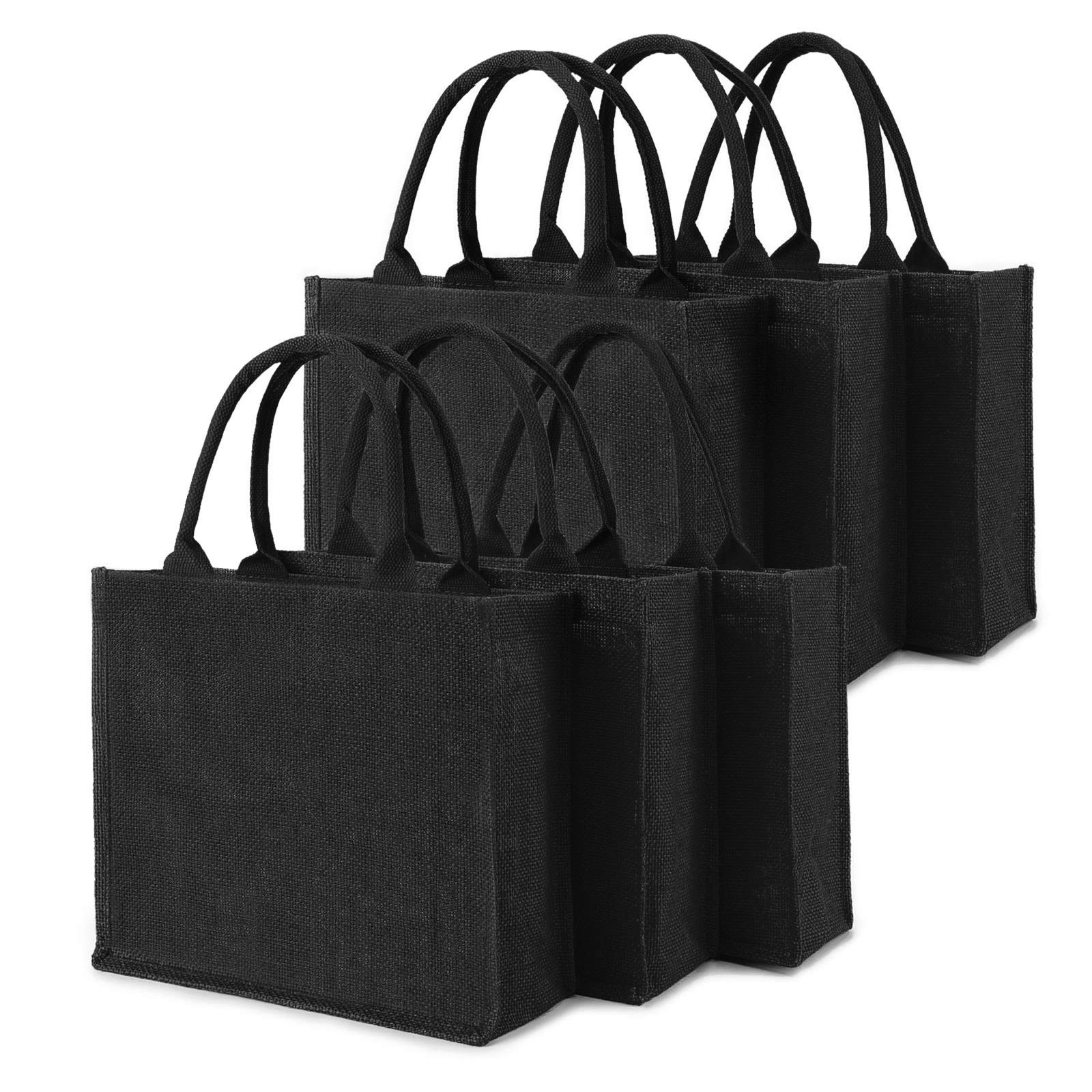 Segarty Tote Bags, 6 Pack Medium Black Burlap Jute Reusable Canvas Gift Favors Bag With Handles Blank Totes Bulk For Bridesmaid