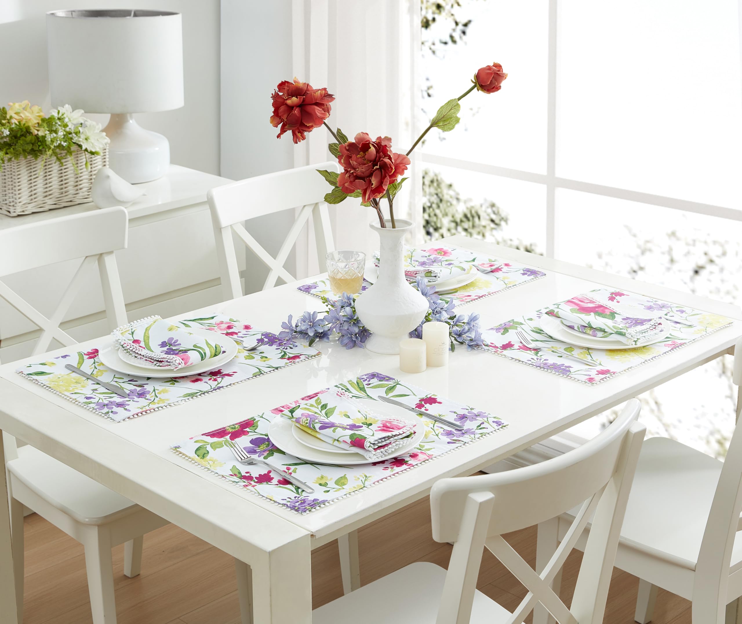 Newbridge Set Of 4 Placemats, 13 X 19 Inch Rectangle, Summer Sophia Pom Pom Fringe, Wrinkle And Stain Resistant Pink And Purple