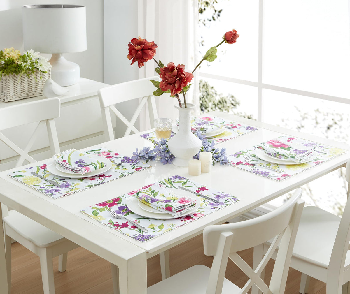 Newbridge Set Of 4 Placemats, 13 X 19 Inch Rectangle, Summer Sophia Pom Pom Fringe, Wrinkle And Stain Resistant Pink And Purple
