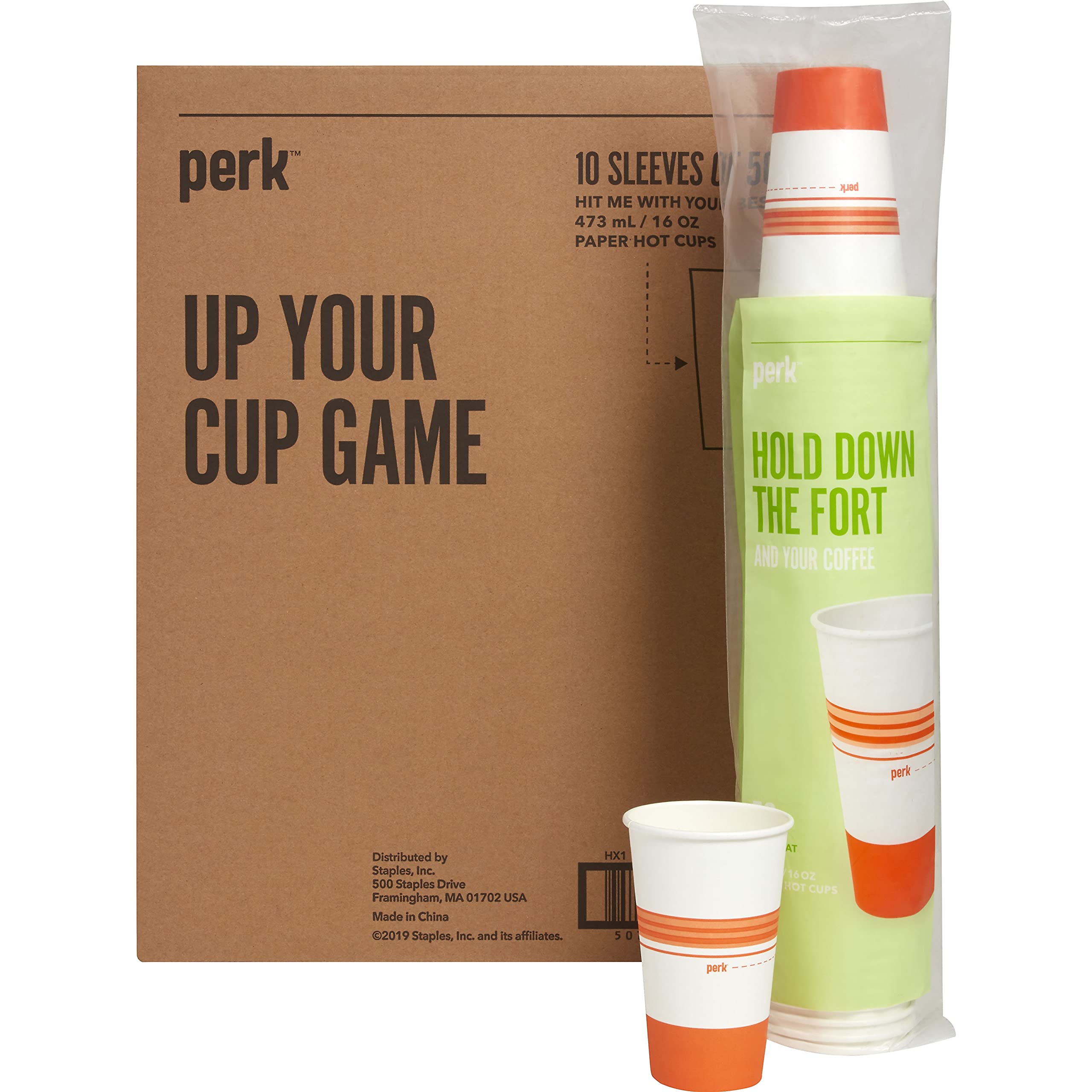 Staples Perk 16 Oz Paper Hot Cups, 500 Count Bulk Disposable Coffee Cups for Hot Beverages, White/Orange