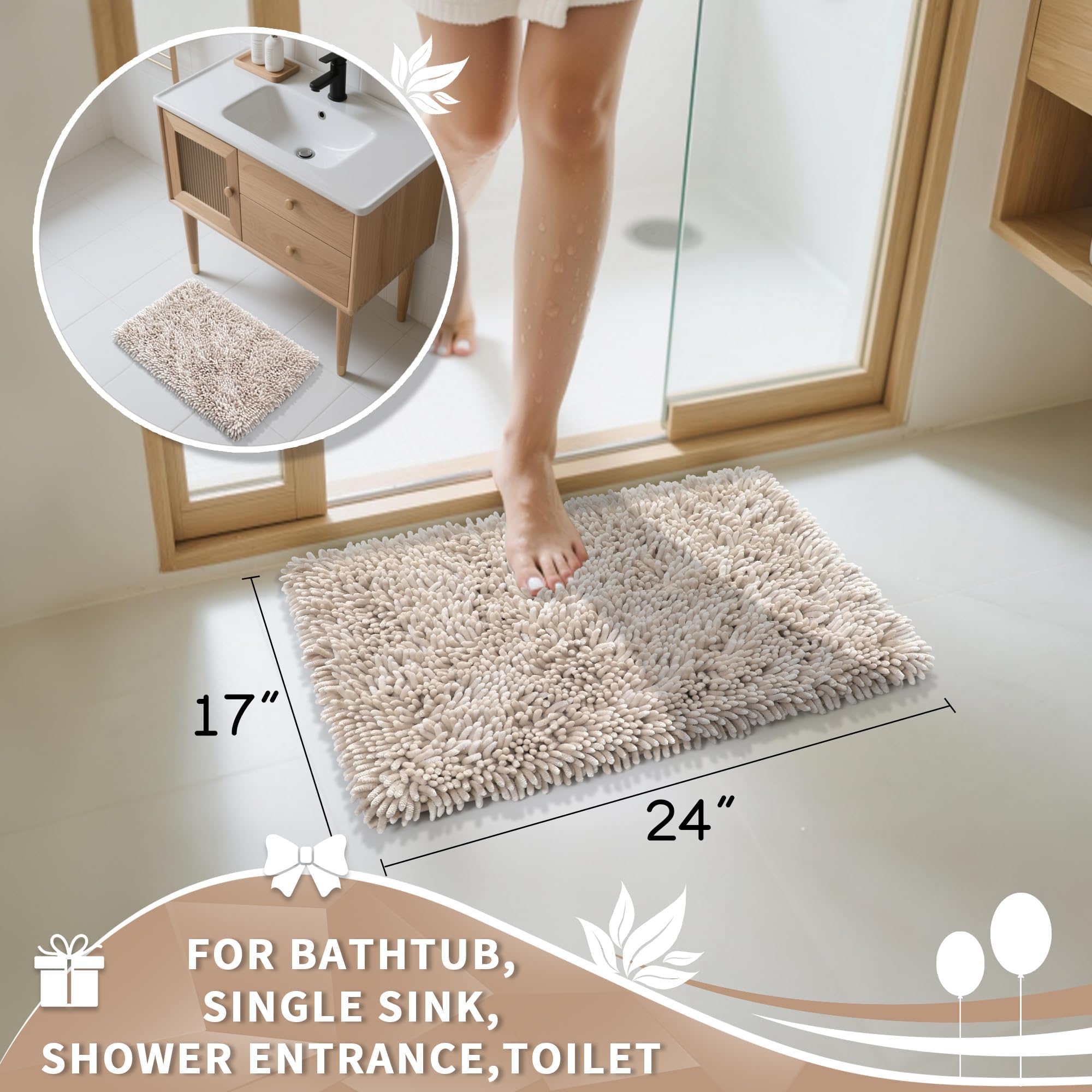 Yimobra Bathroom Rug  Chenille Extra Soft and Absorbent Shaggy Bath Mat  Non Slip  Machine Washable Dry  Plush Floor Carpet for Tub  Shower and Bath Room (17 Inches X 24 Inches  Khaki)