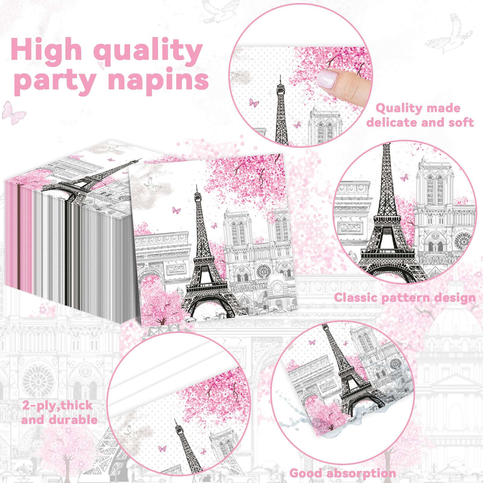 Zoiiwa Paris Eiffel Tower Place Setting, 41Pcs Pink, Disposable Tableware Set For Party Decorations
